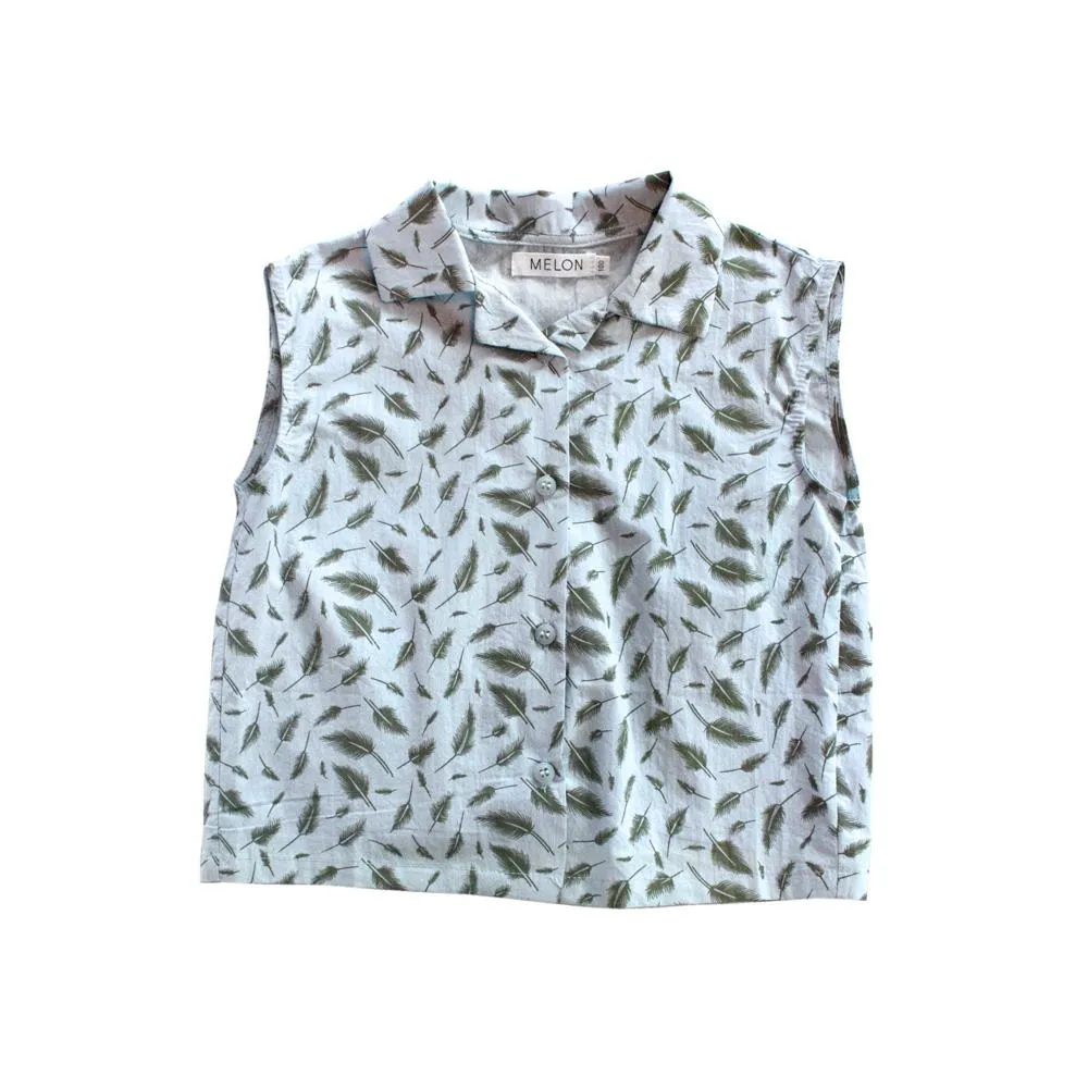 Leafy Prints Cotton Top, Sky