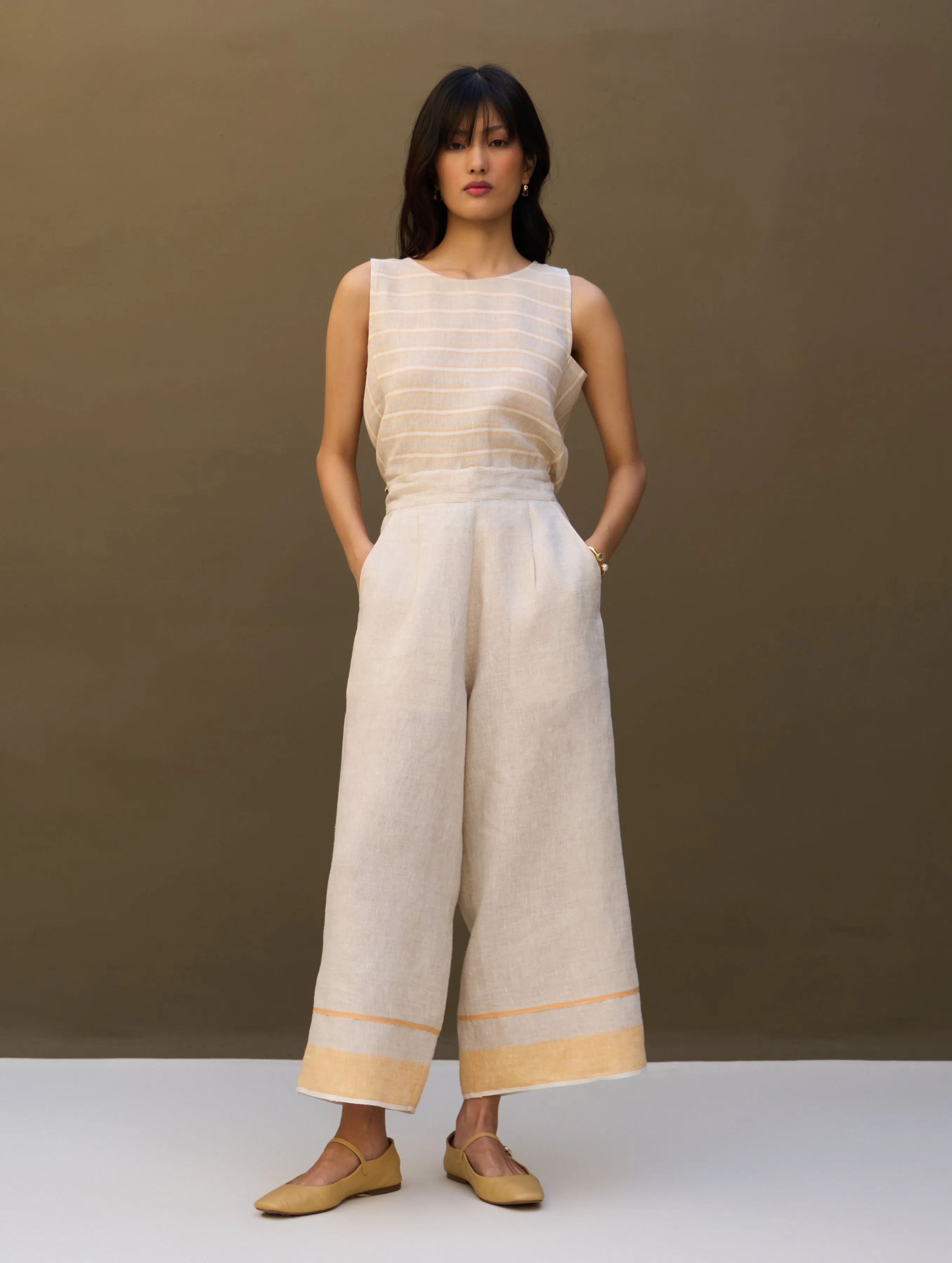 Mara Border Linen Pant - Natural