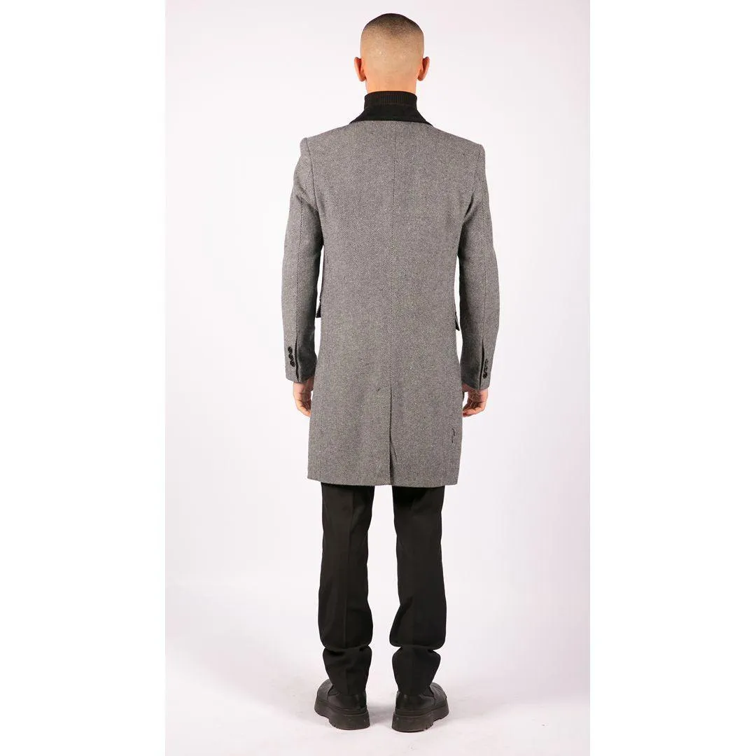 Mens 3/4 Long Overcoat Jacket Herringbone Tweed Coat Peaky Blinders Fit