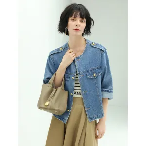 Modern Military Inspired Cropped Blue Denim Jacket