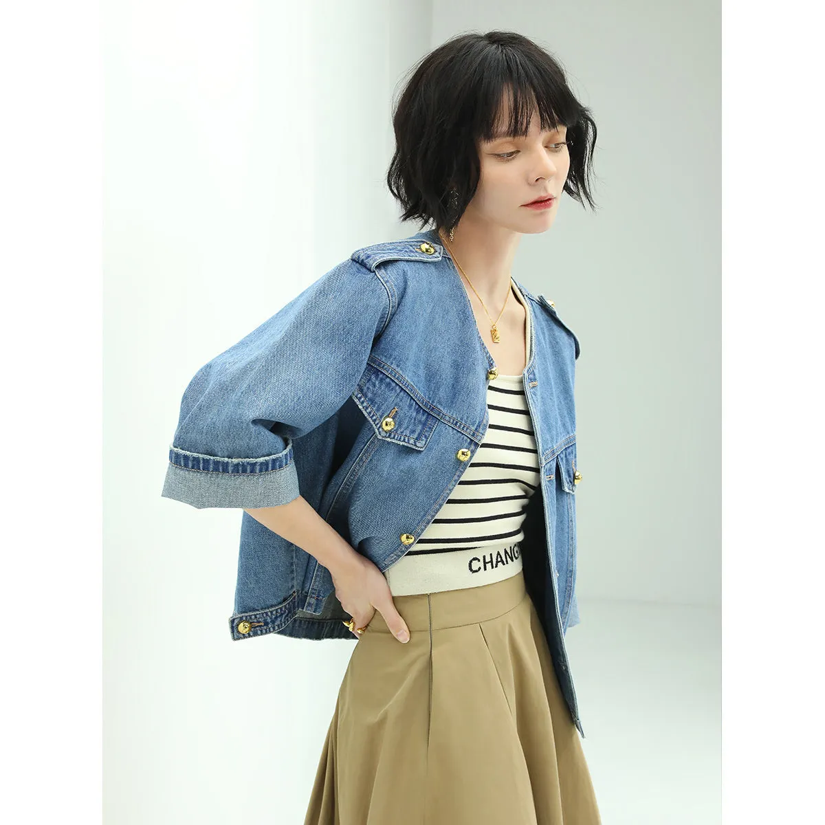 Modern Military Inspired Cropped Blue Denim Jacket