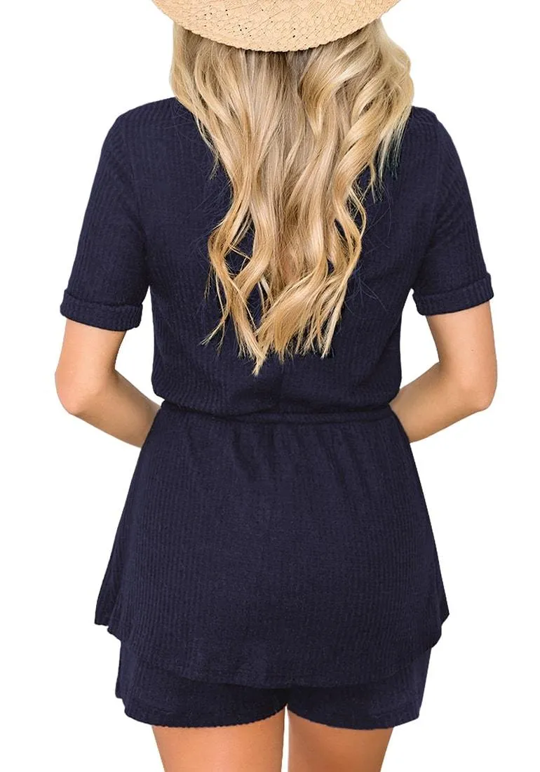 Navy Crew Neck Overlay Drawstring Knit  Romper