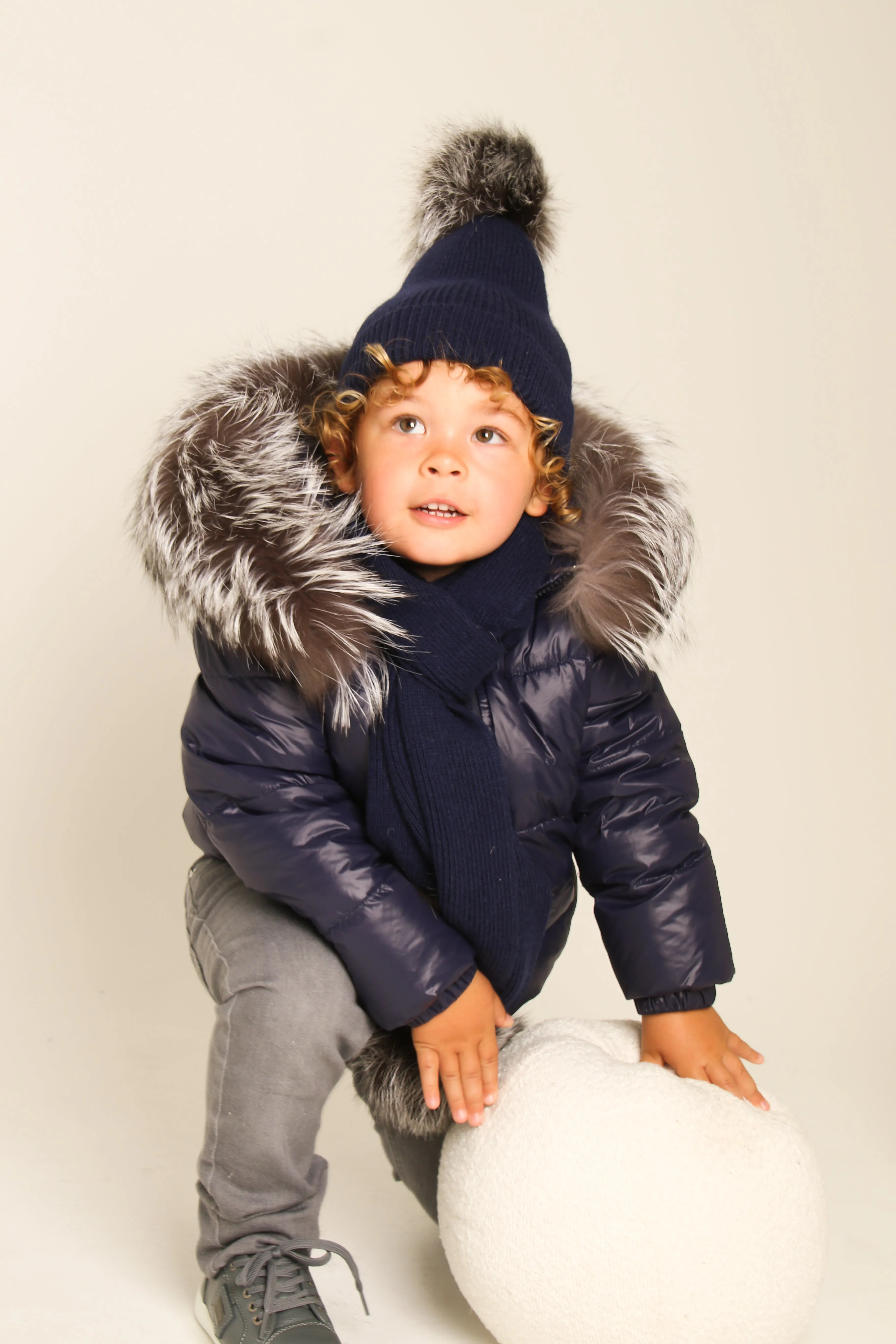 Navy Down Coat with Silver Fox Fur Trim