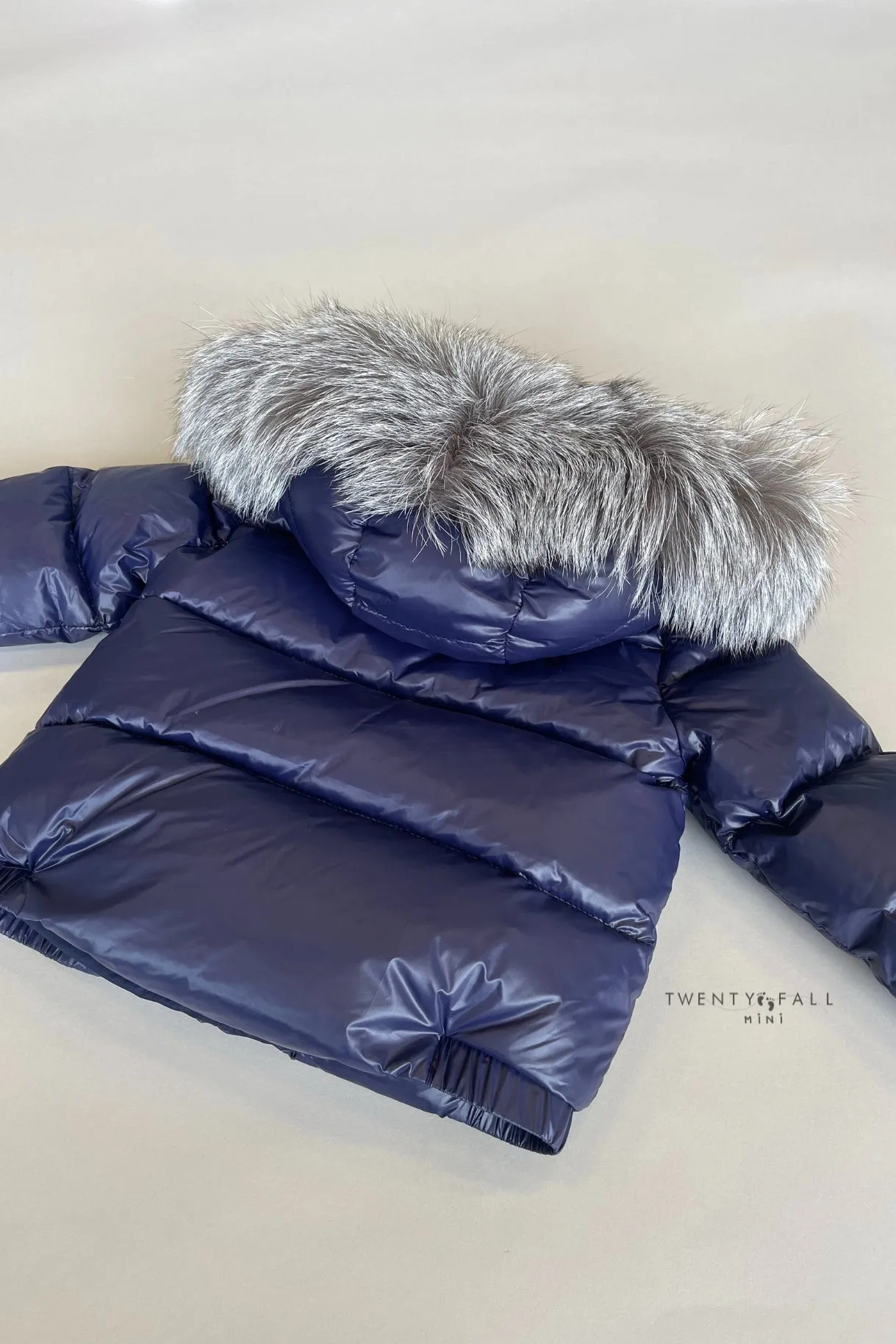 Navy Down Coat with Silver Fox Fur Trim