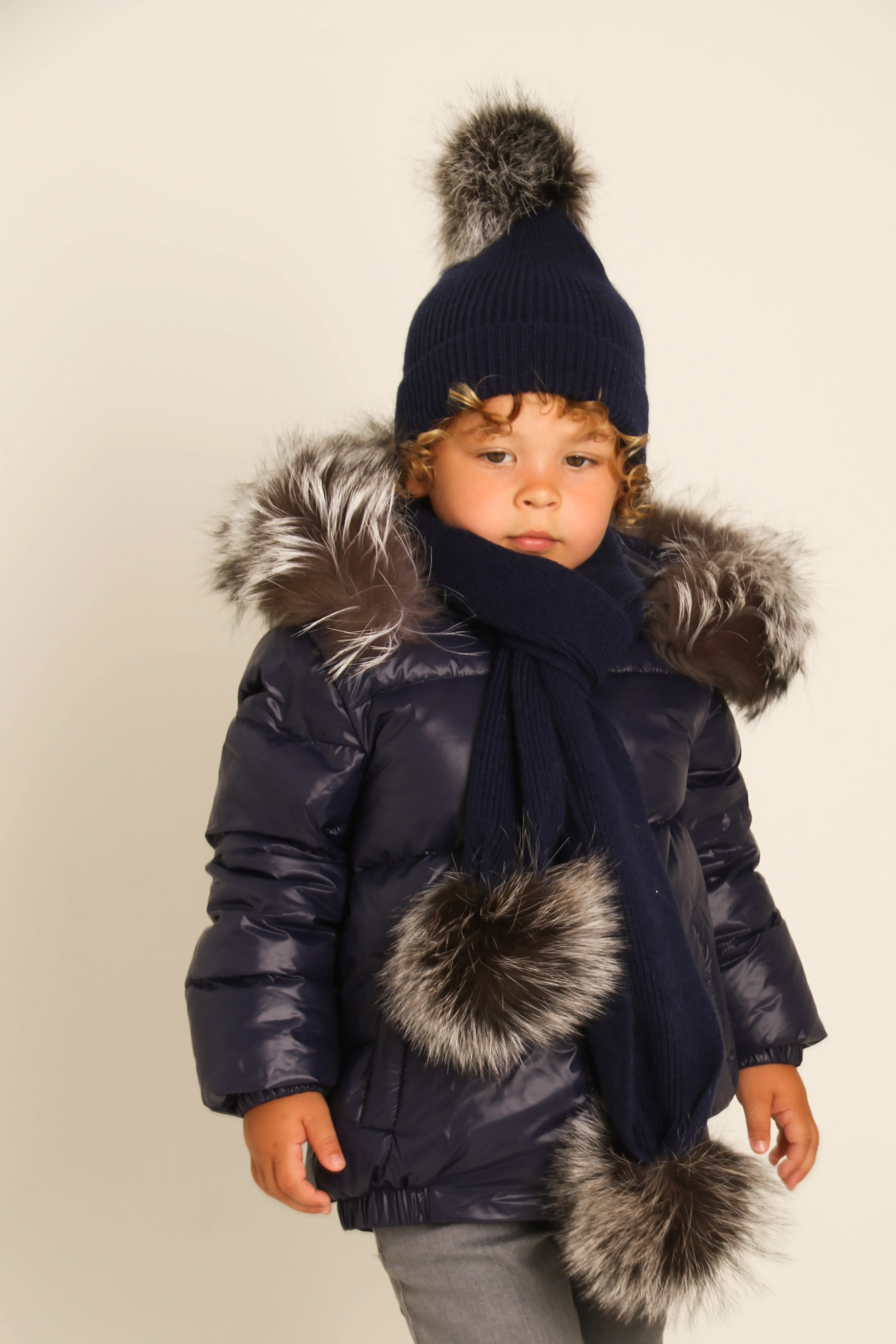 Navy Down Coat with Silver Fox Fur Trim