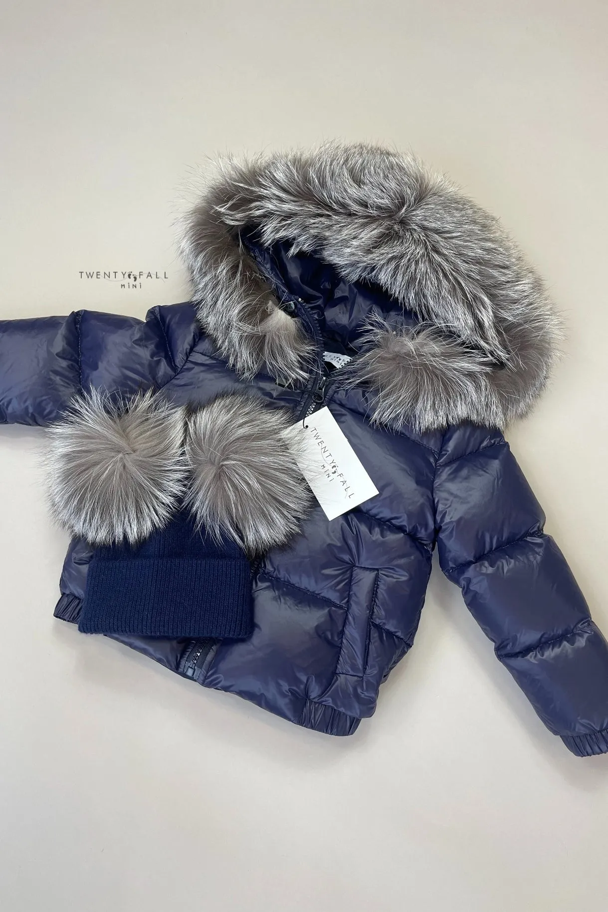 Navy Down Coat with Silver Fox Fur Trim