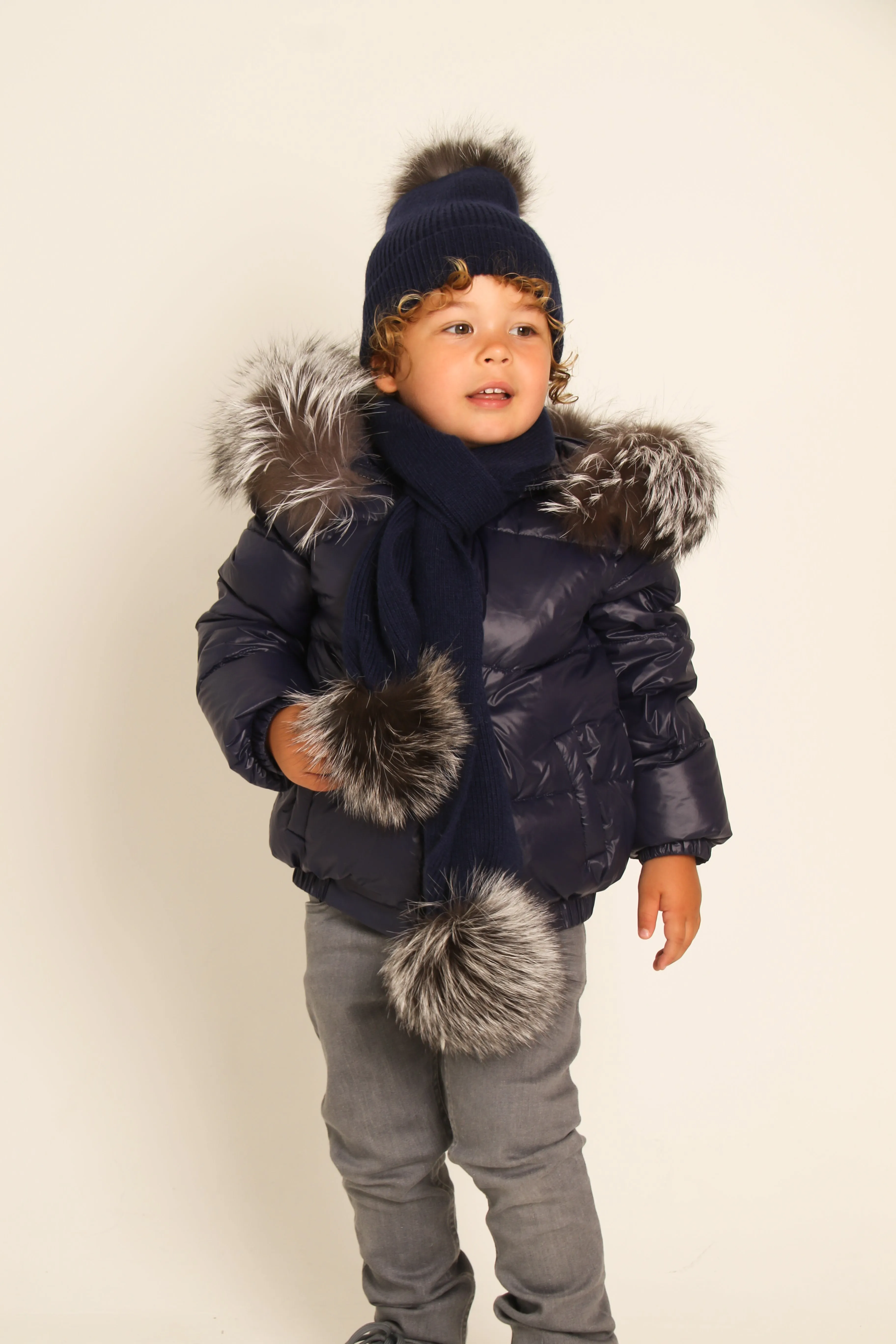 Navy Down Coat with Silver Fox Fur Trim