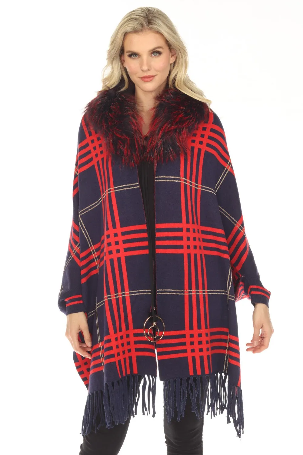 OO LA LA Navy Plaid Pattern Real Fur Collar Fringe Cape M1540