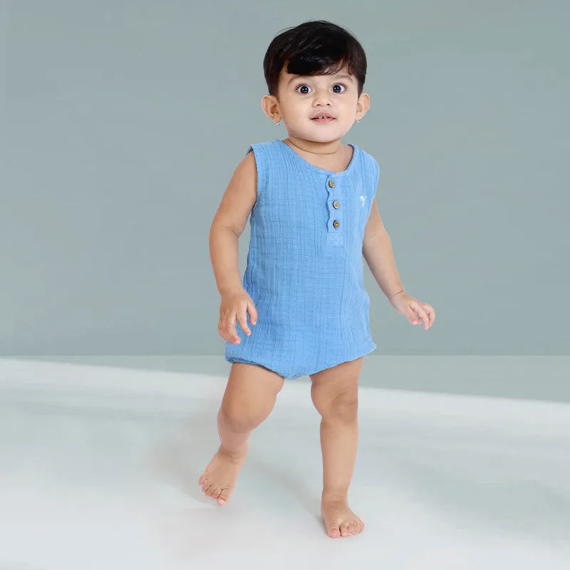 Organic Cotton Muslin Baby Romper | Sleeveless | Denim Blue