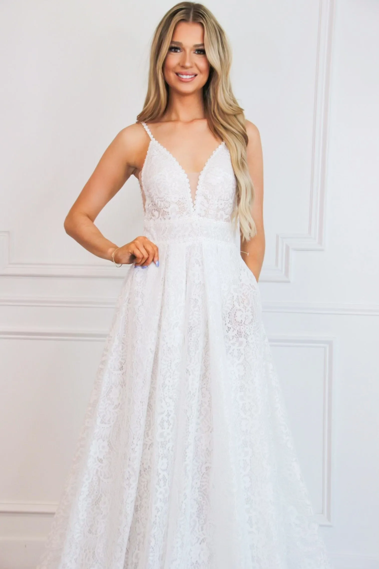 Oriana Lace A Line Detachable Long Sleeve Wedding Dress: Off White