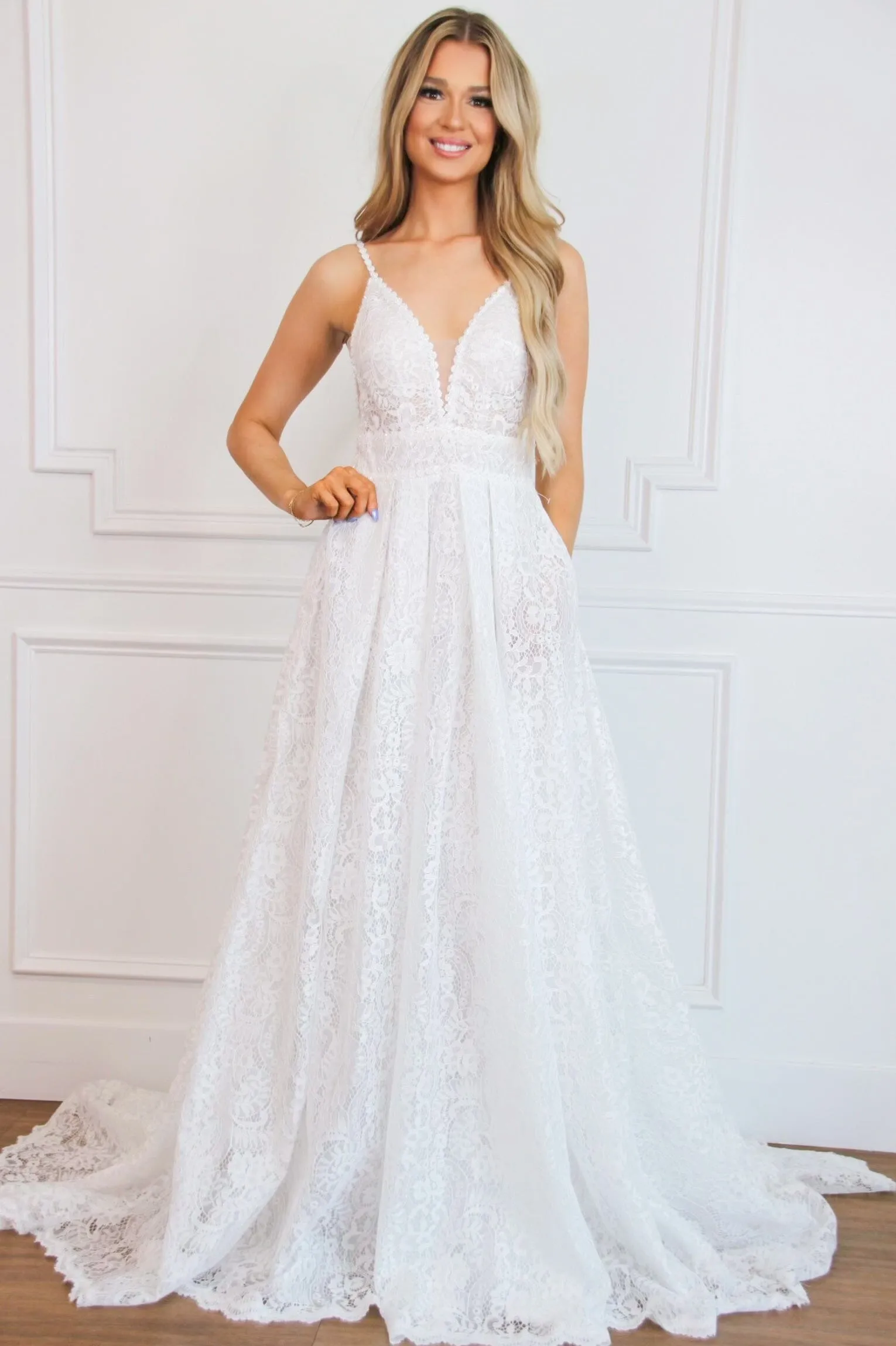 Oriana Lace A Line Detachable Long Sleeve Wedding Dress: Off White