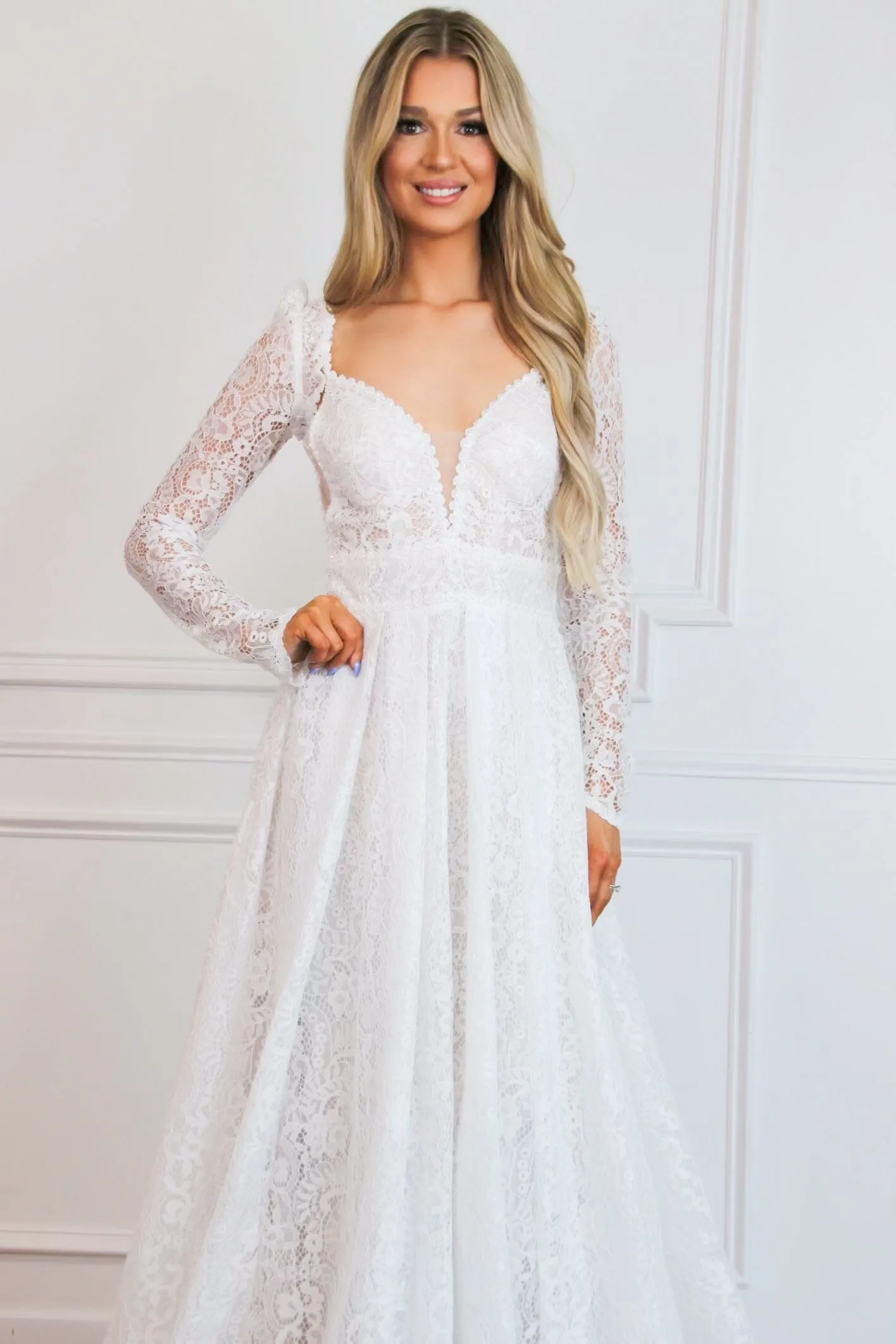 Oriana Lace A Line Detachable Long Sleeve Wedding Dress: Off White