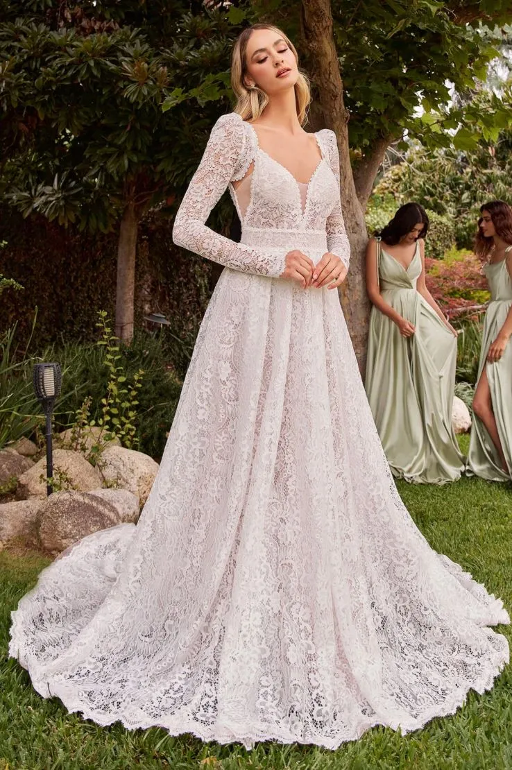 Oriana Lace A Line Detachable Long Sleeve Wedding Dress: Off White