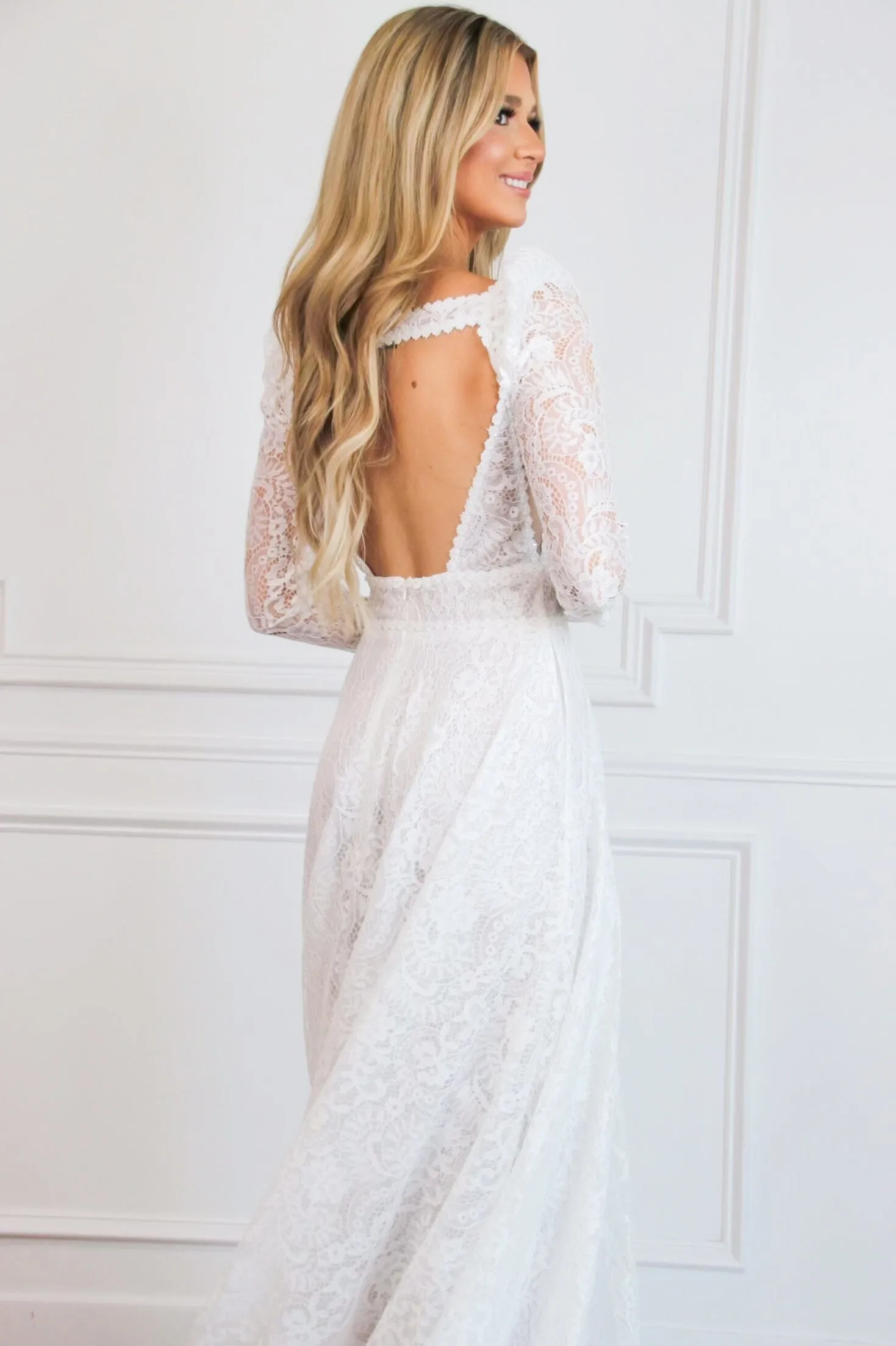 Oriana Lace A Line Detachable Long Sleeve Wedding Dress: Off White