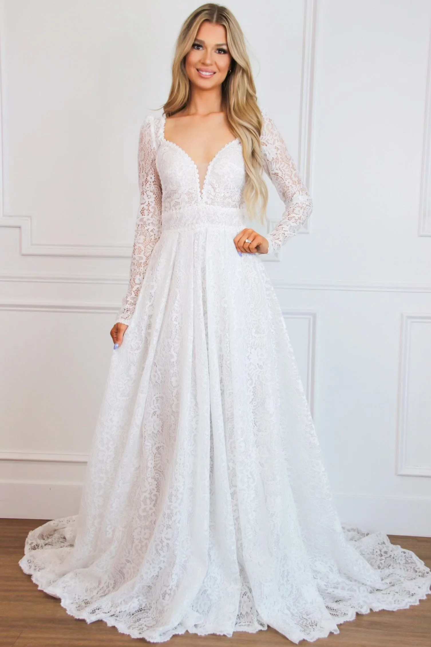 Oriana Lace A Line Detachable Long Sleeve Wedding Dress: Off White