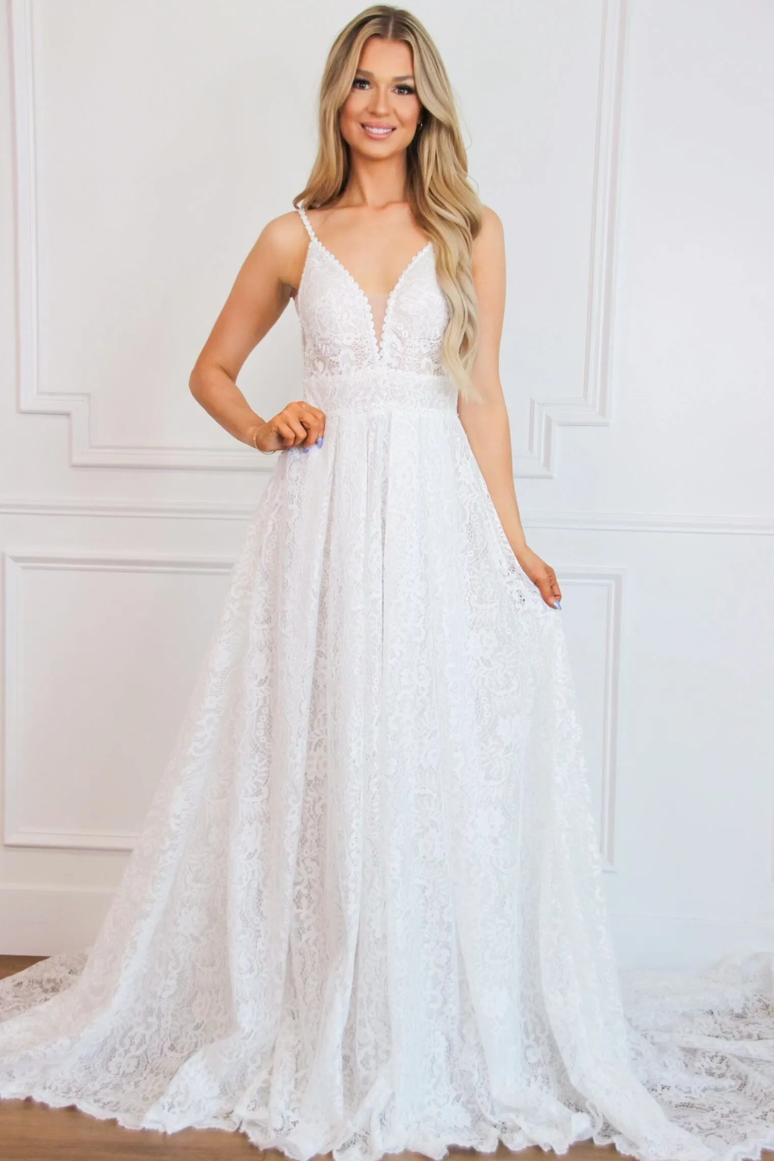 Oriana Lace A Line Detachable Long Sleeve Wedding Dress: Off White