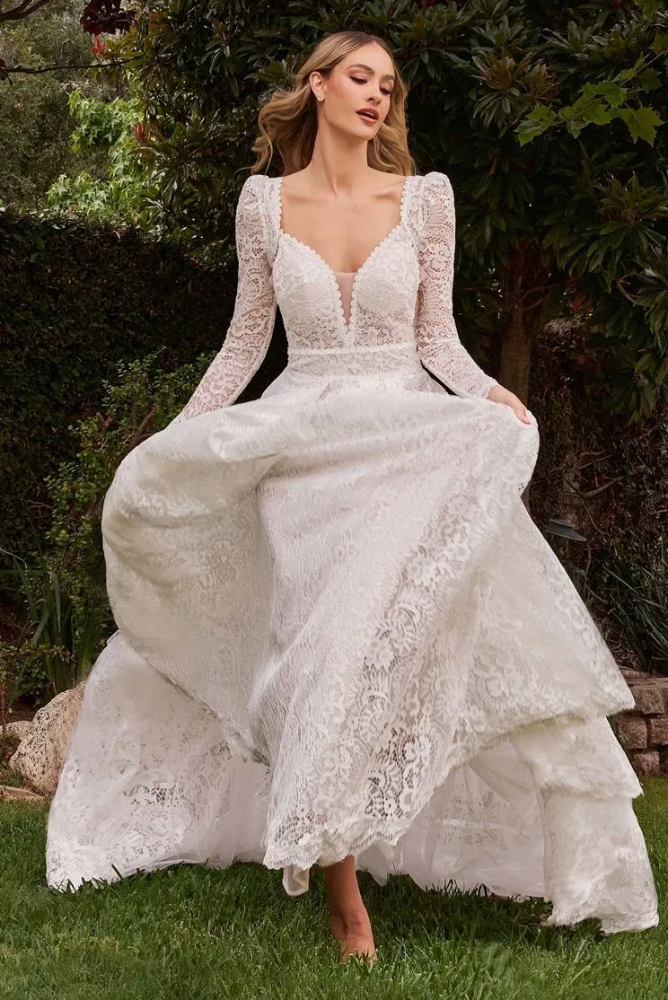 Oriana Lace A Line Detachable Long Sleeve Wedding Dress: Off White