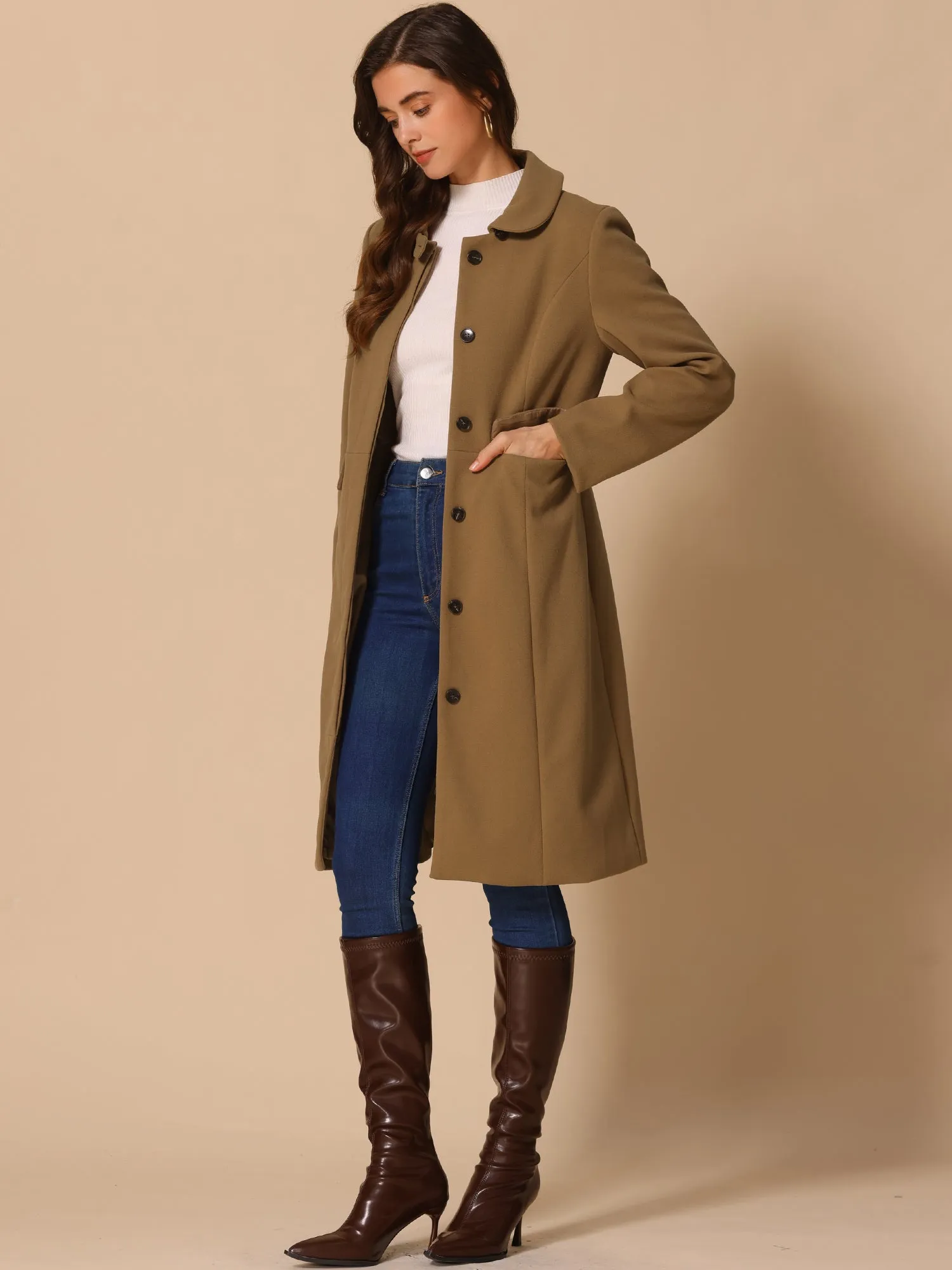 Peter Pan Collar Button Down Long Sleeve Pockets Long Winter Coat