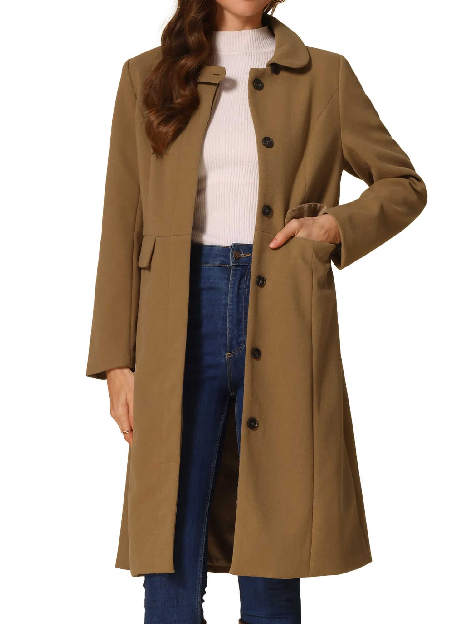 Peter Pan Collar Button Down Long Sleeve Pockets Long Winter Coat