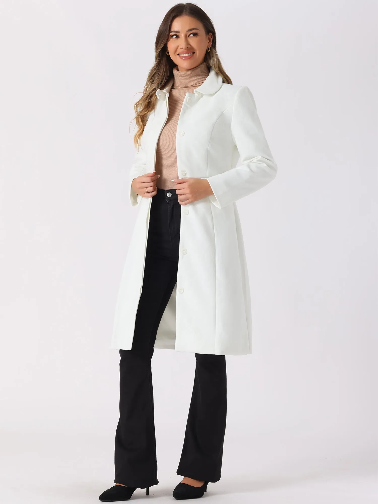 Peter Pan Collar Button Down Long Sleeve Pockets Long Winter Coat