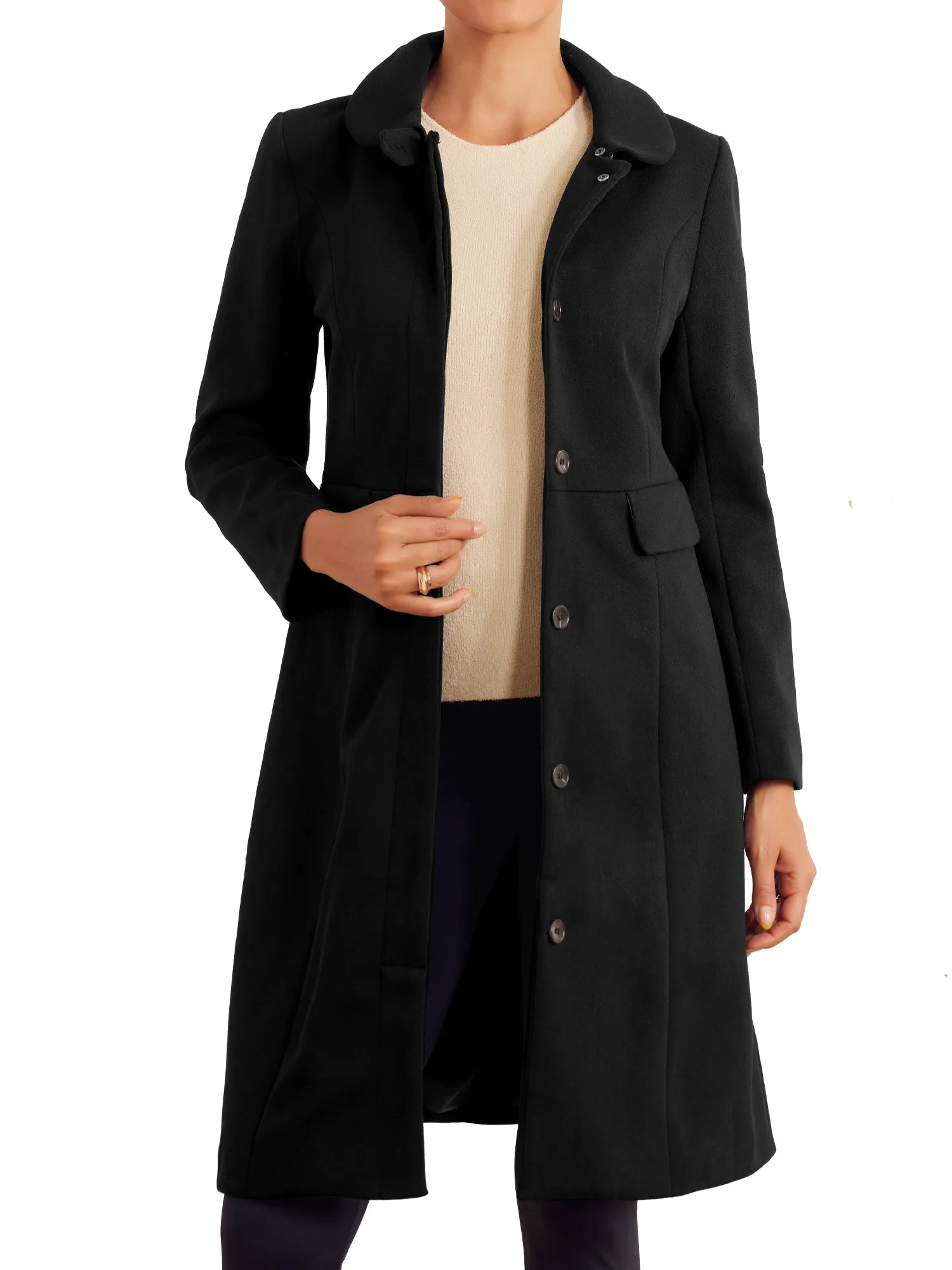 Peter Pan Collar Button Down Long Sleeve Pockets Long Winter Coat