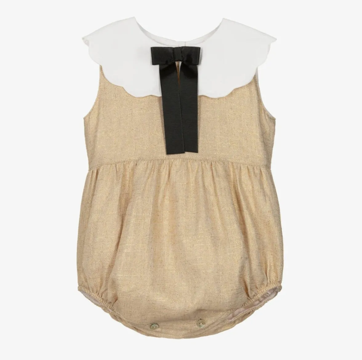 Phiclothing  Gold Linen Romper With Black Bow