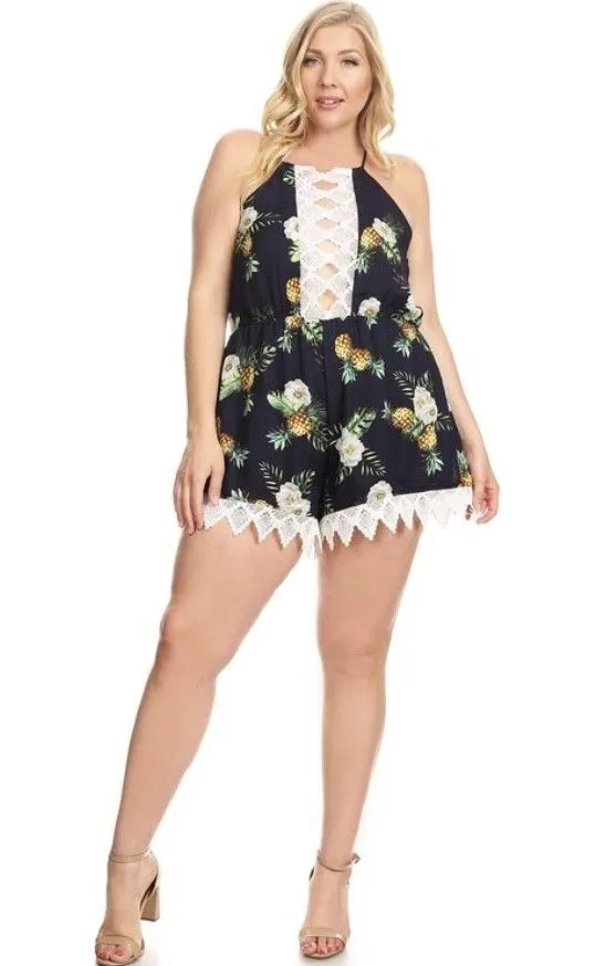 Plus Romper Tropical Pineapple Print Crochet Lace Navy Halter Casual