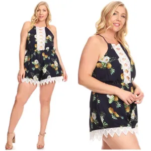 Plus Romper Tropical Pineapple Print Crochet Lace Navy Halter Casual