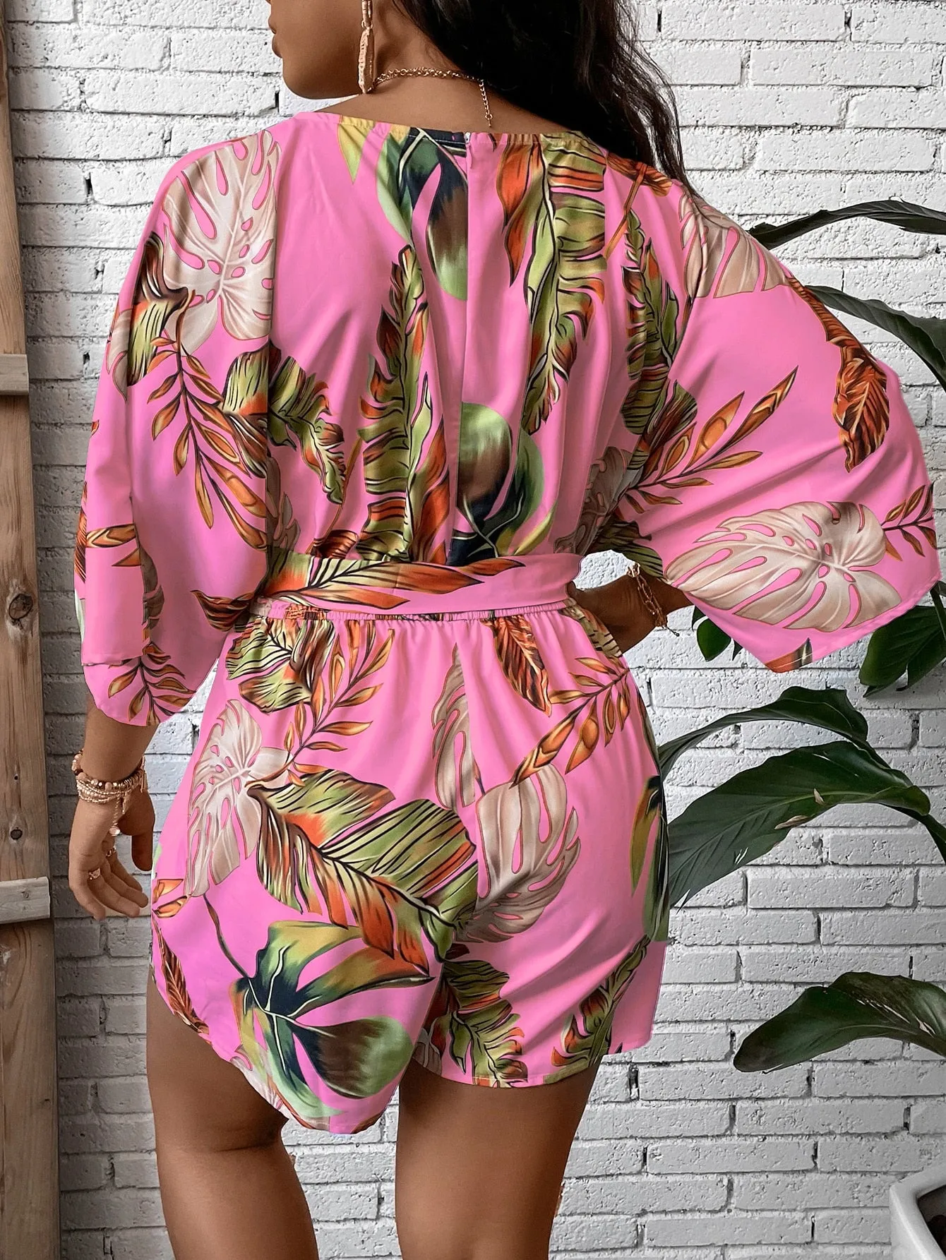 Plus Size Tropical Print Belted Romper