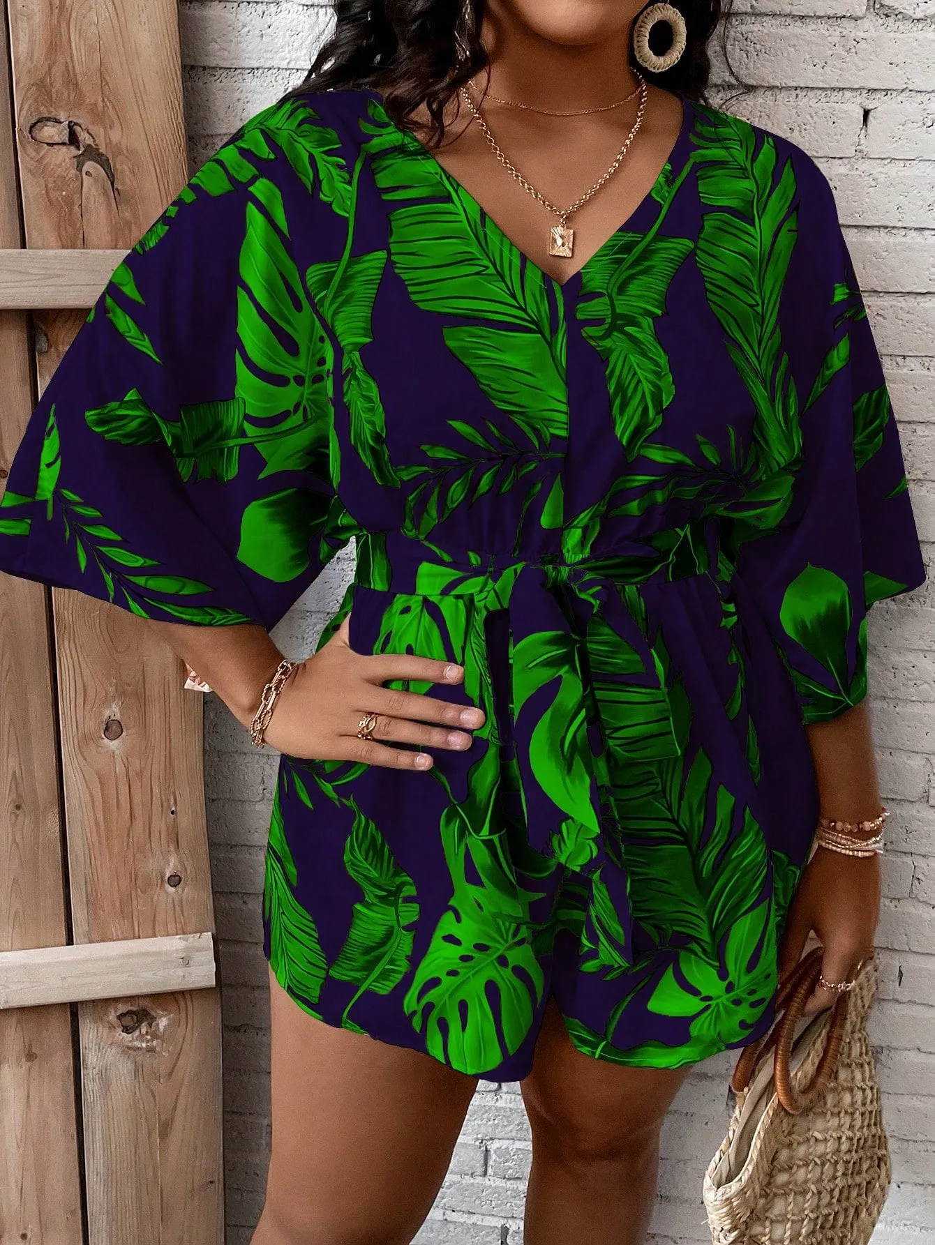 Plus Size Tropical Print Belted Romper