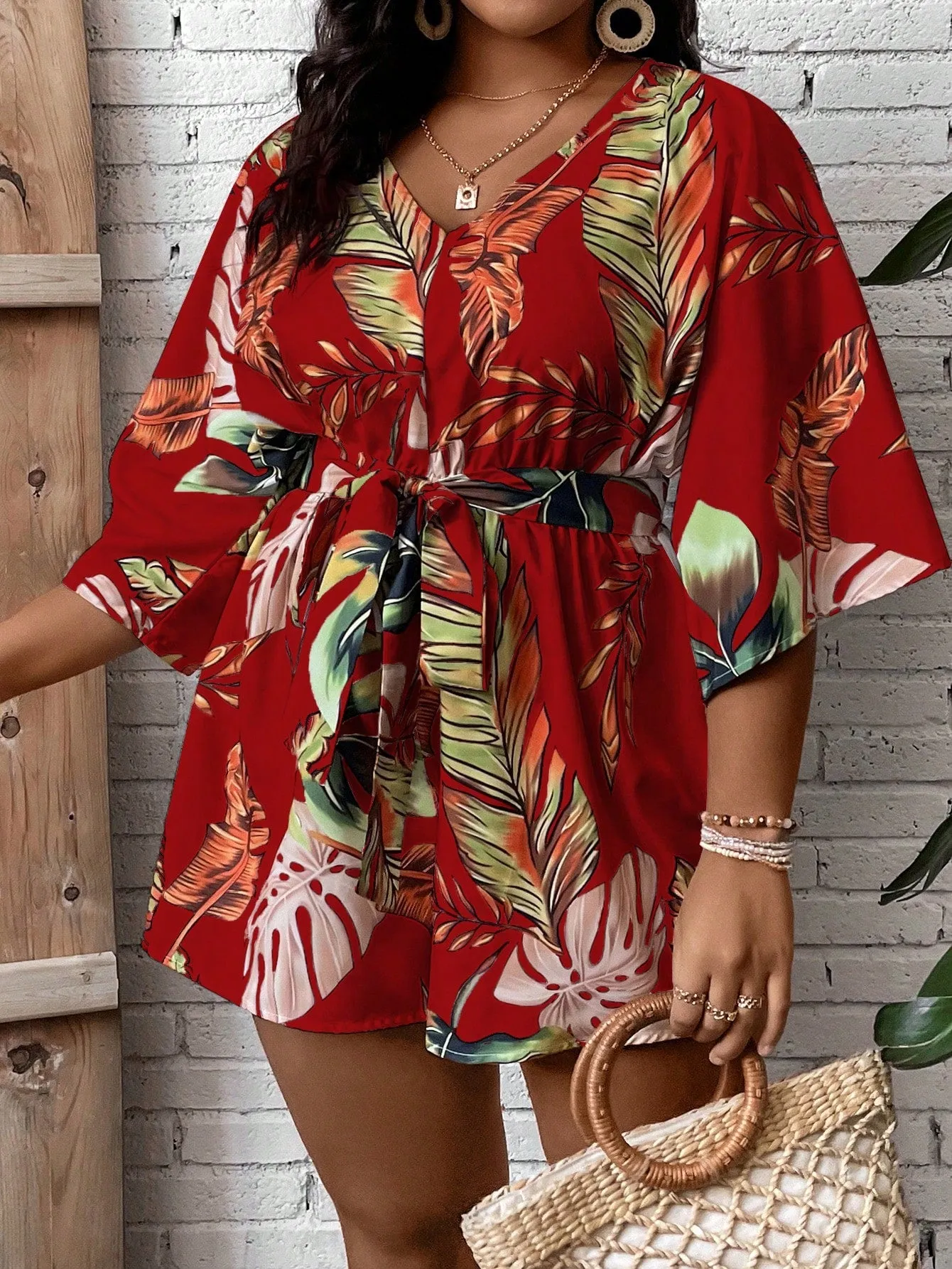 Plus Size Tropical Print Belted Romper