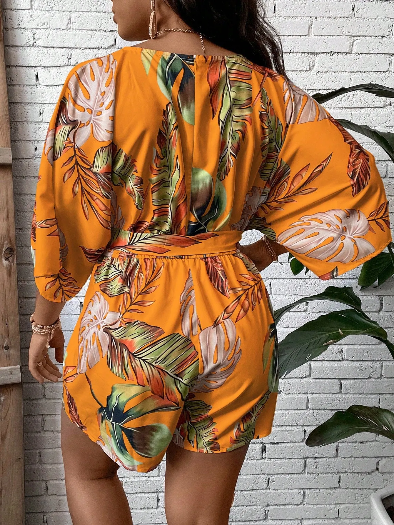 Plus Size Tropical Print Belted Romper