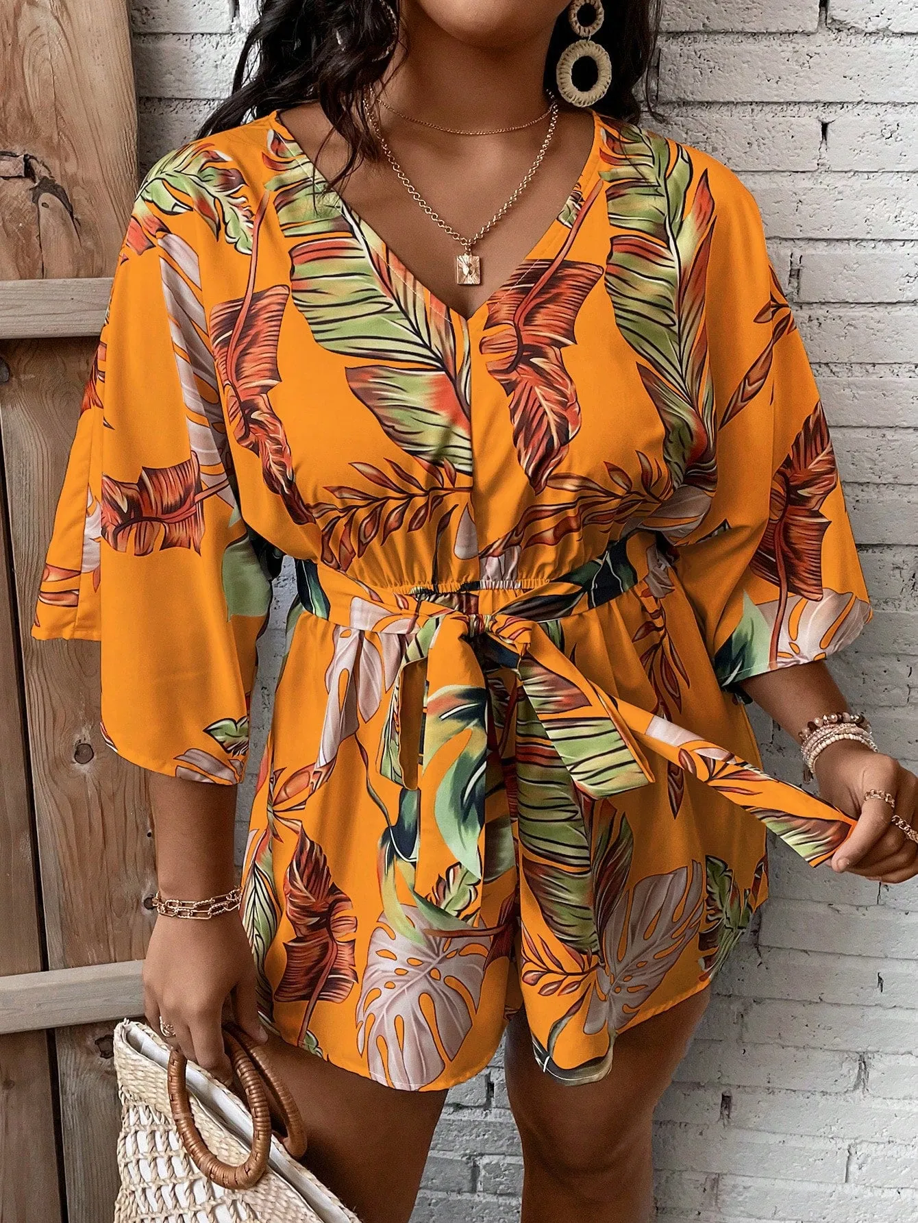 Plus Size Tropical Print Belted Romper