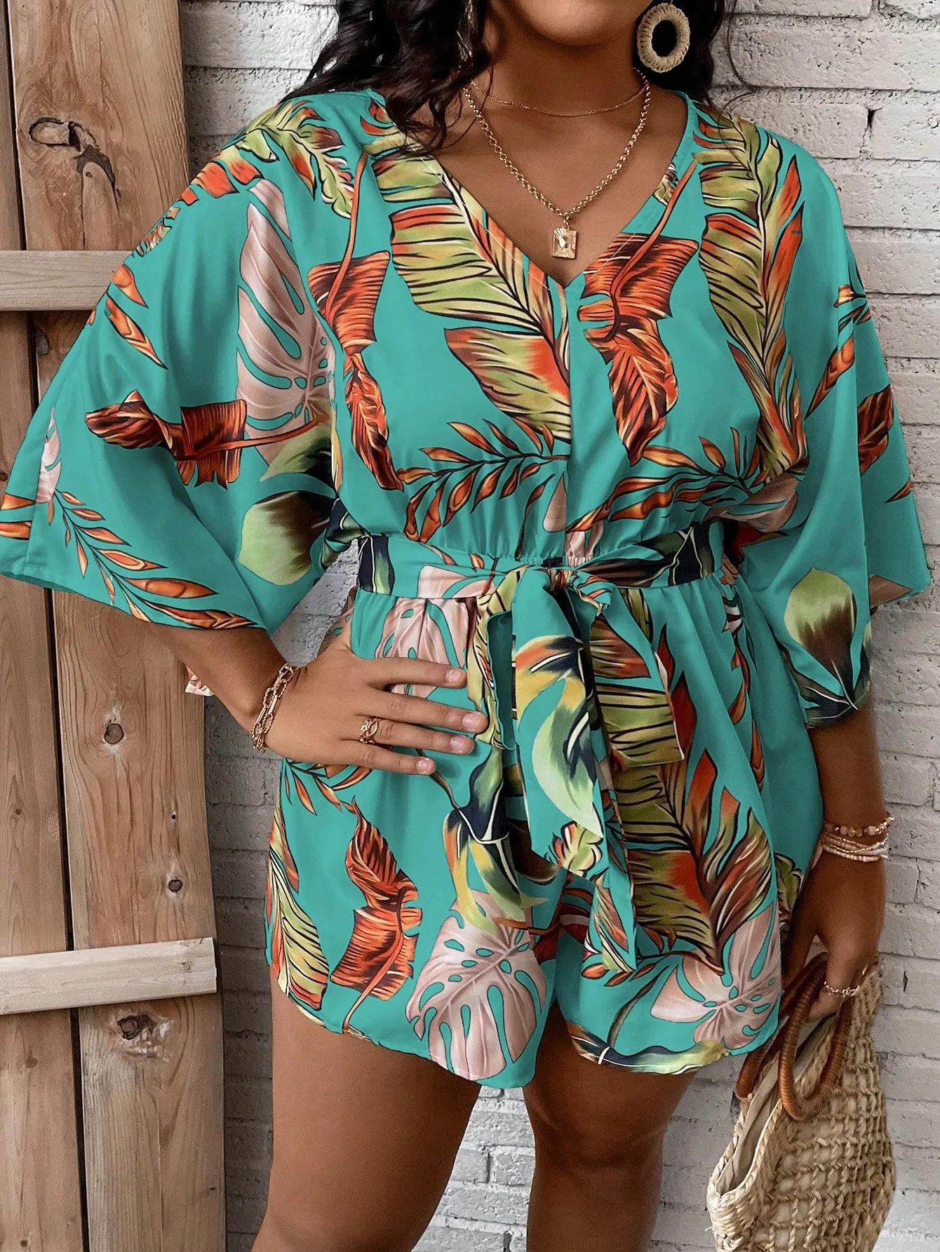 Plus Size Tropical Print Belted Romper