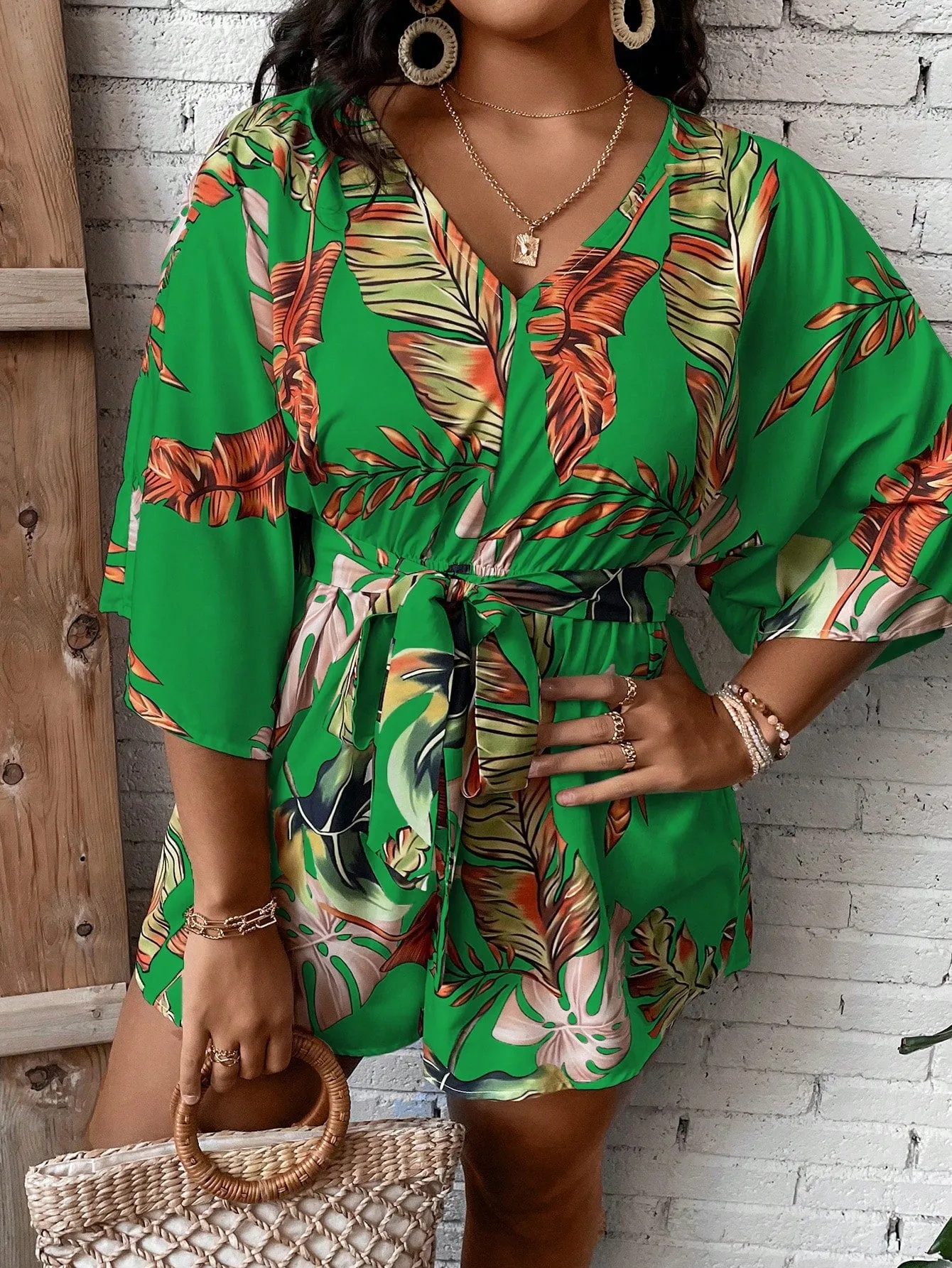 Plus Size Tropical Print Belted Romper