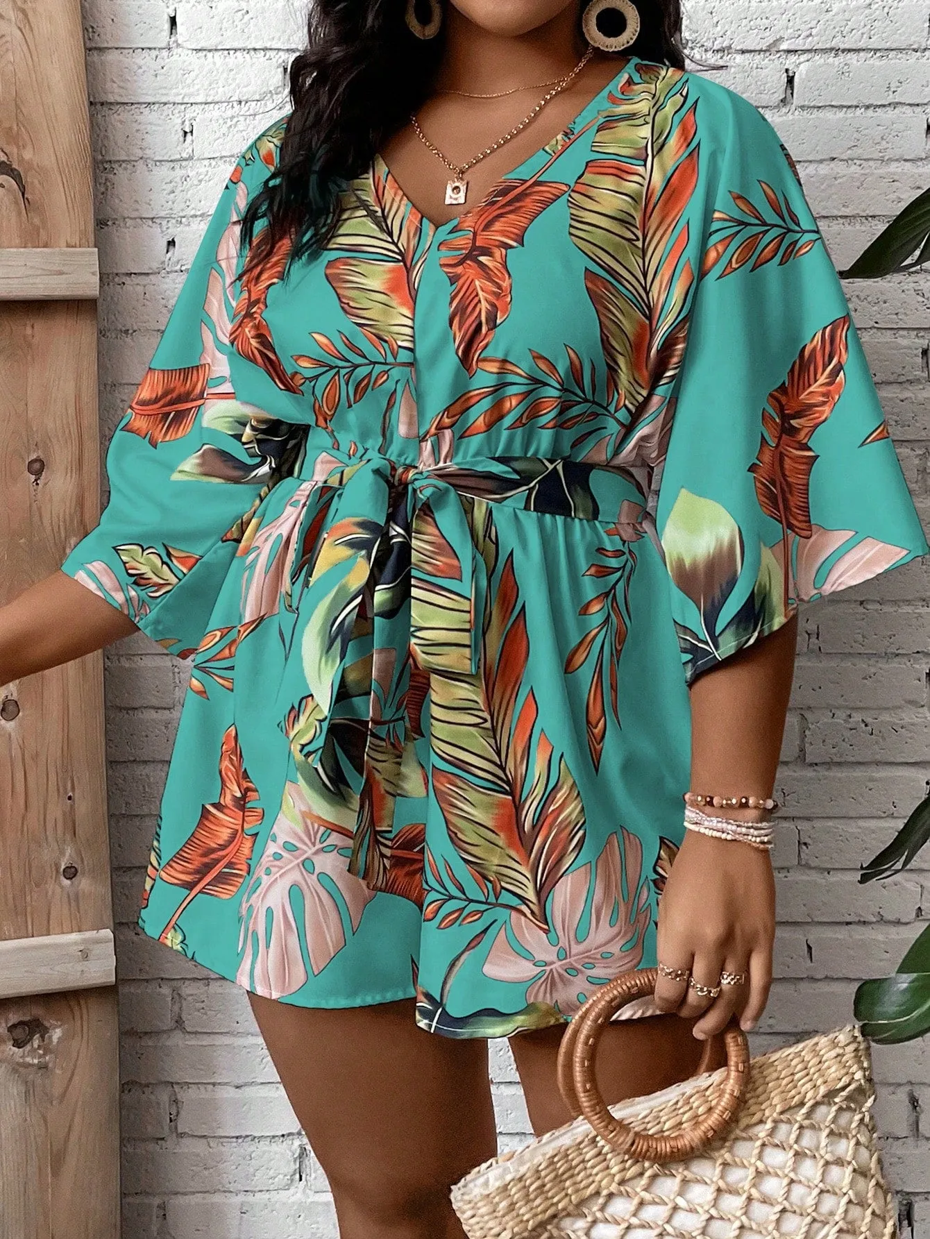 Plus Size Tropical Print Belted Romper