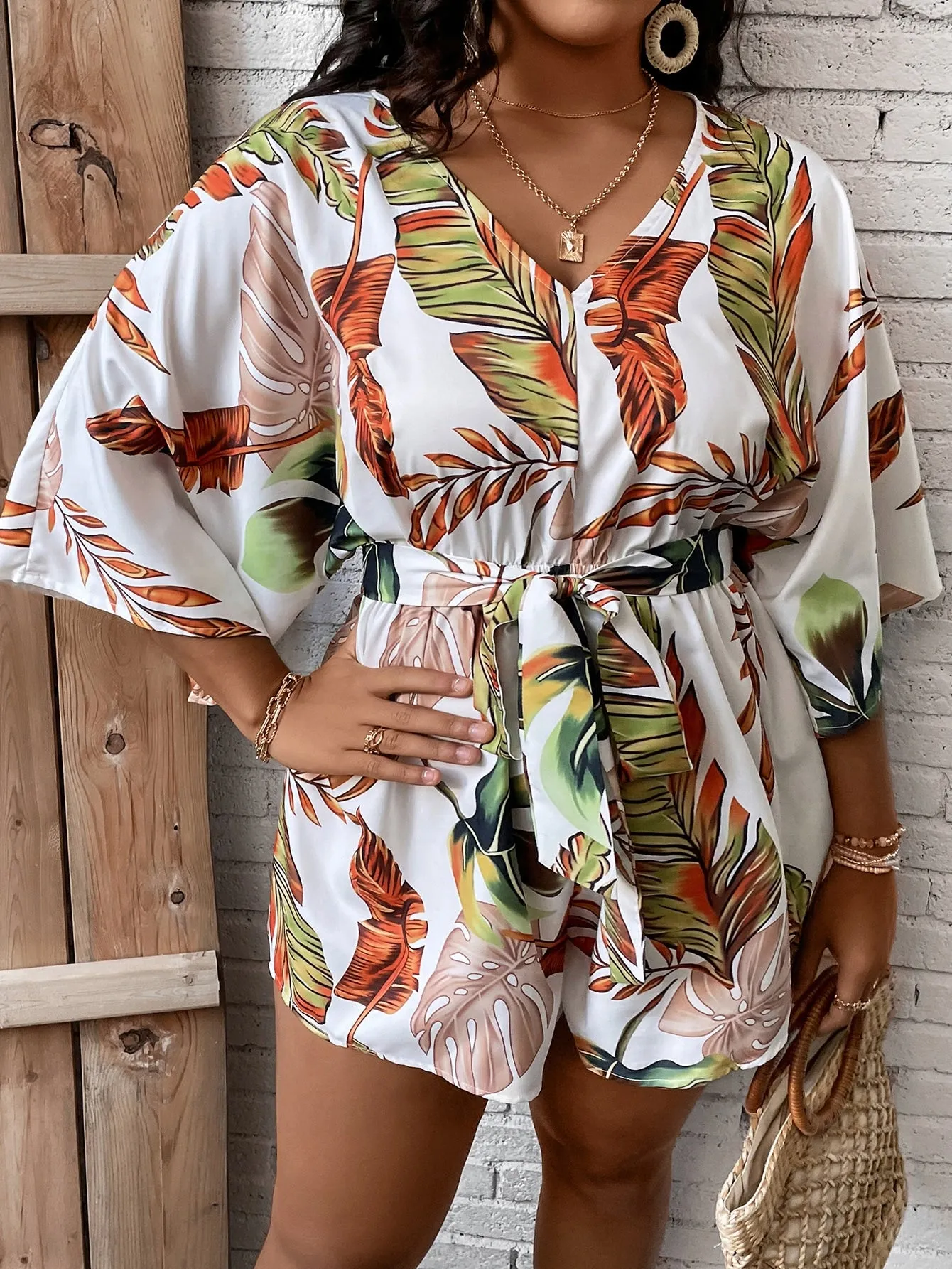 Plus Size Tropical Print Belted Romper