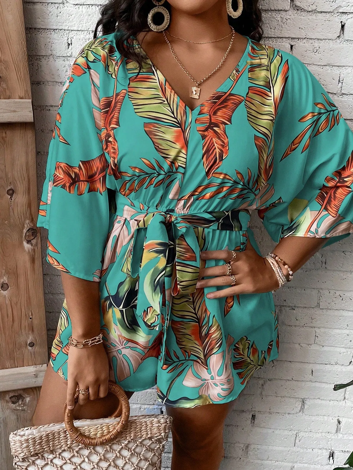 Plus Size Tropical Print Belted Romper