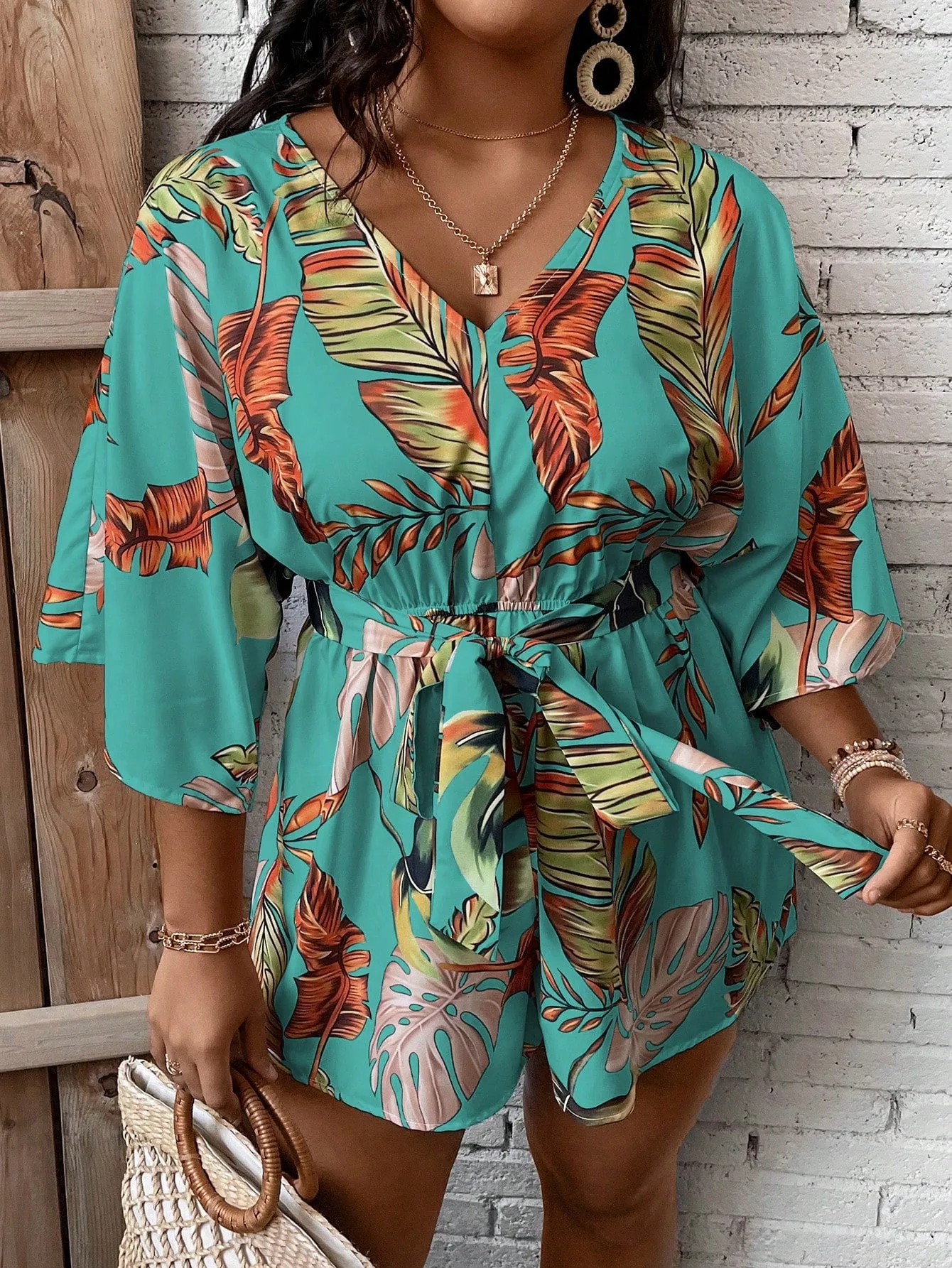 Plus Size Tropical Print Belted Romper