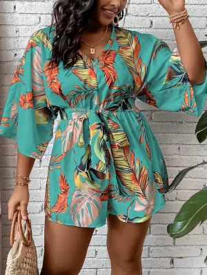 Plus Size Tropical Print Belted Romper