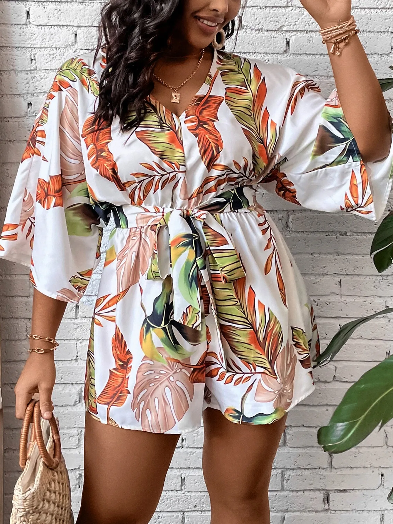 Plus Size Tropical Print Belted Romper