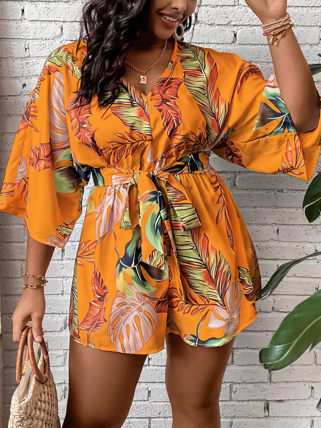 Plus Size Tropical Print Belted Romper