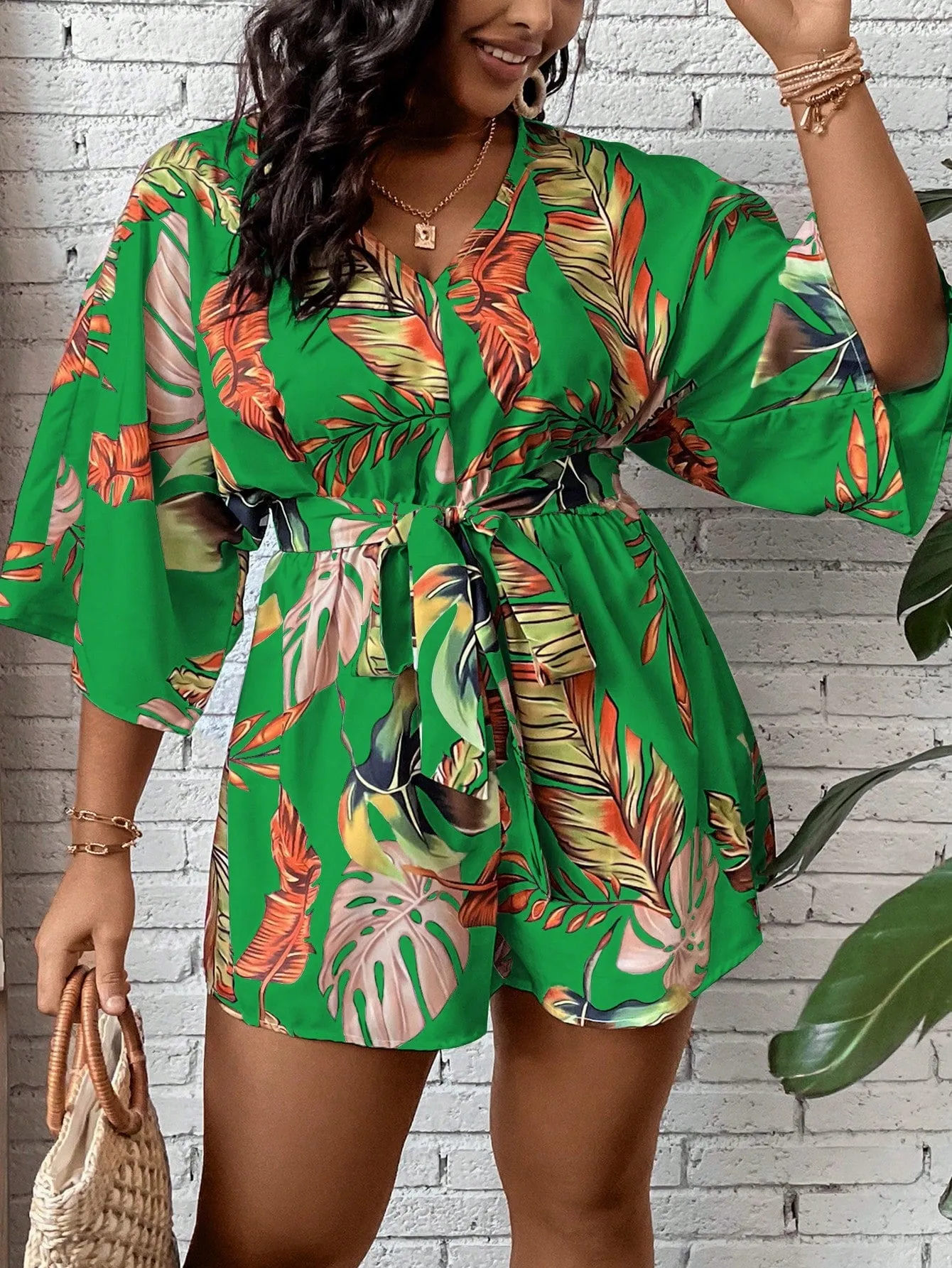 Plus Size Tropical Print Belted Romper