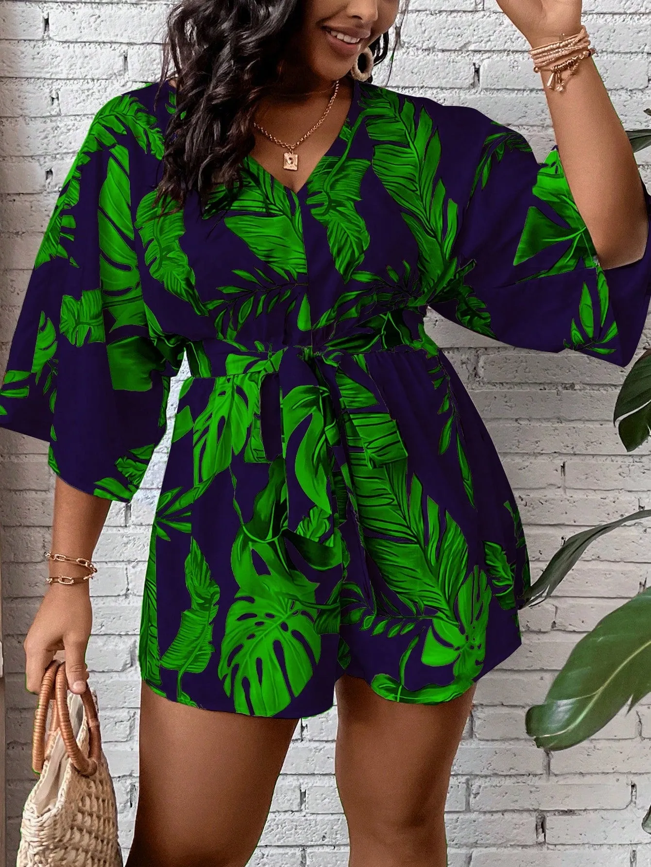 Plus Size Tropical Print Belted Romper