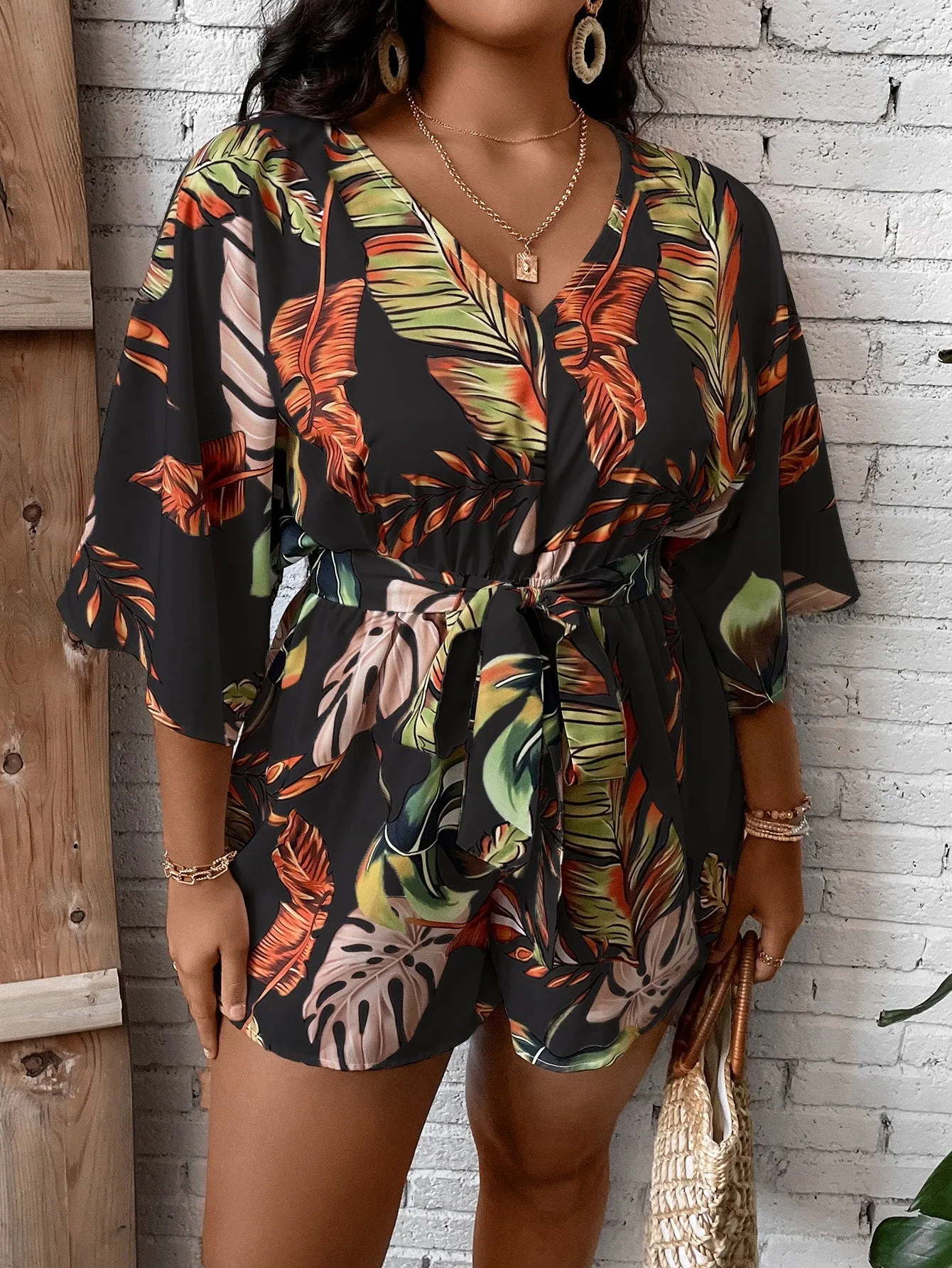 Plus Size Tropical Print Belted Romper