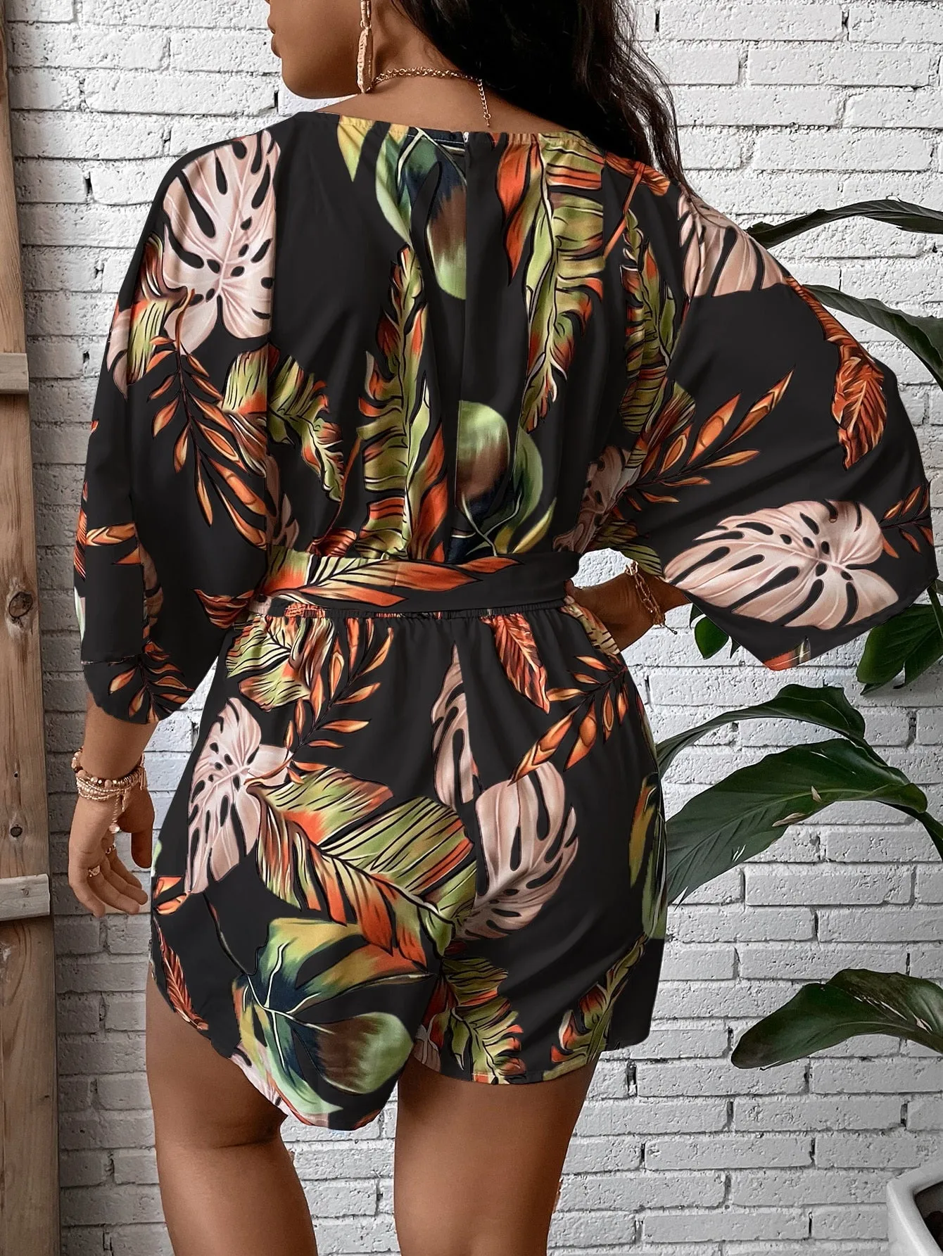 Plus Size Tropical Print Belted Romper