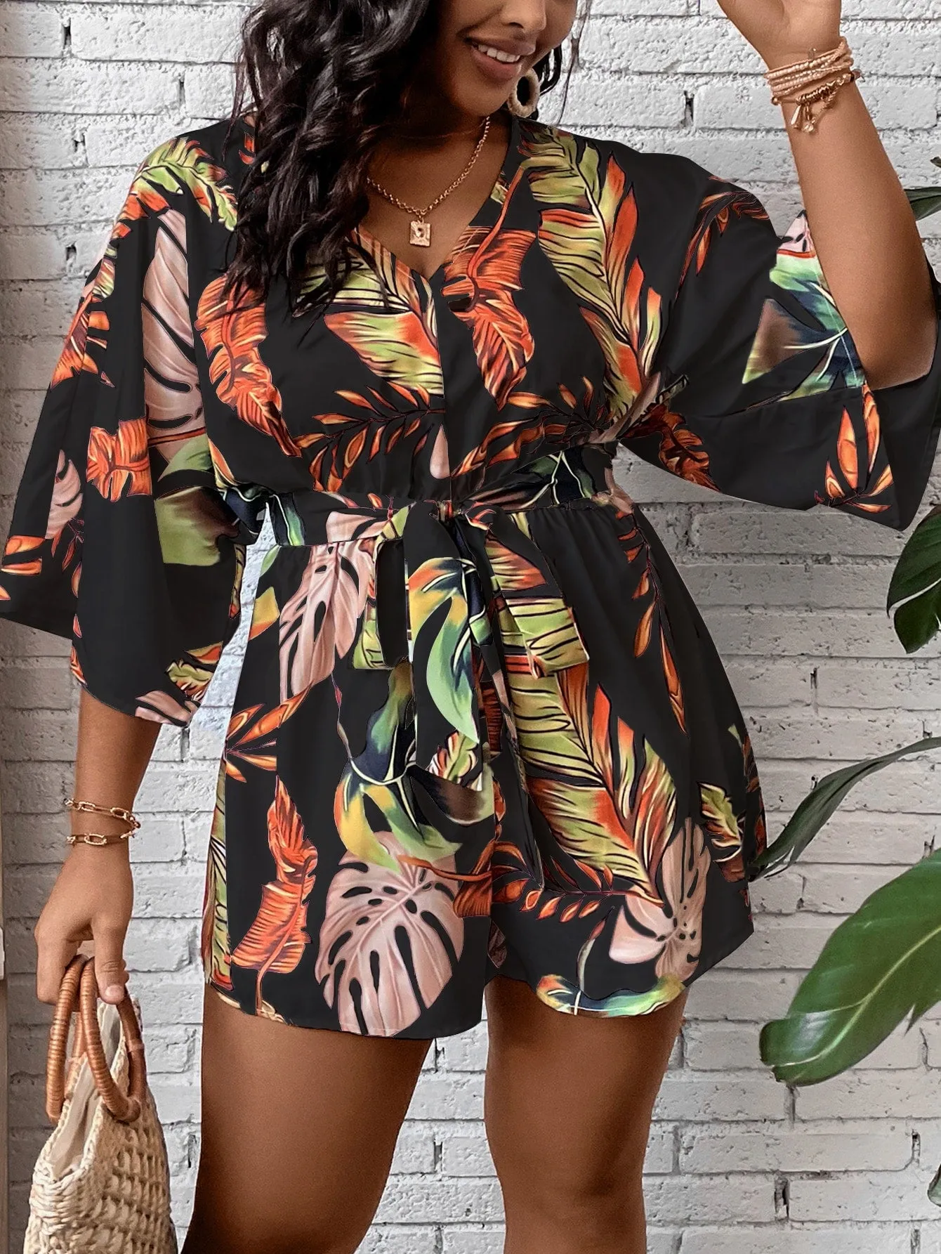 Plus Size Tropical Print Belted Romper