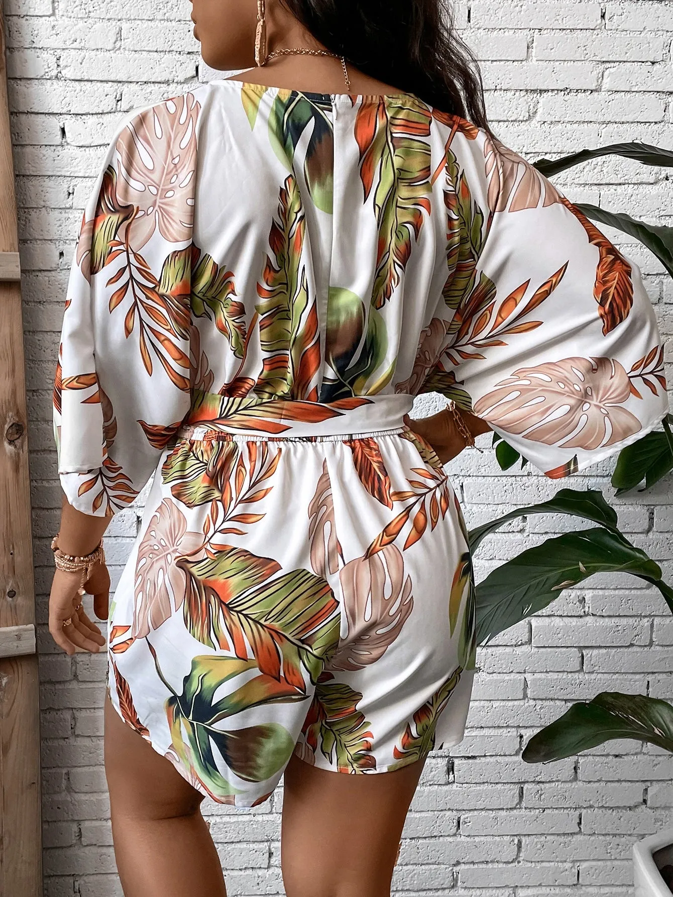 Plus Size Tropical Print Belted Romper