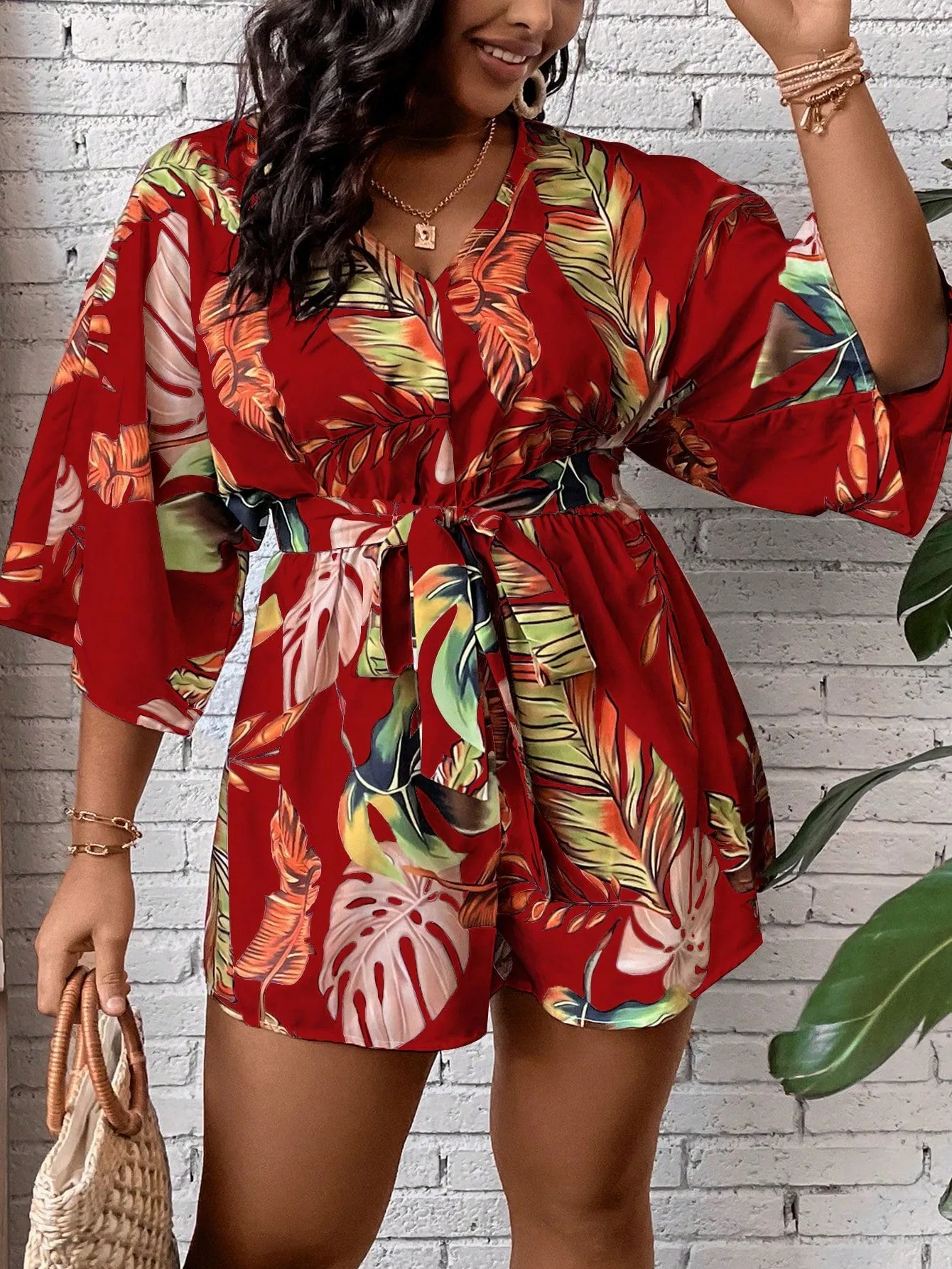 Plus Size Tropical Print Belted Romper