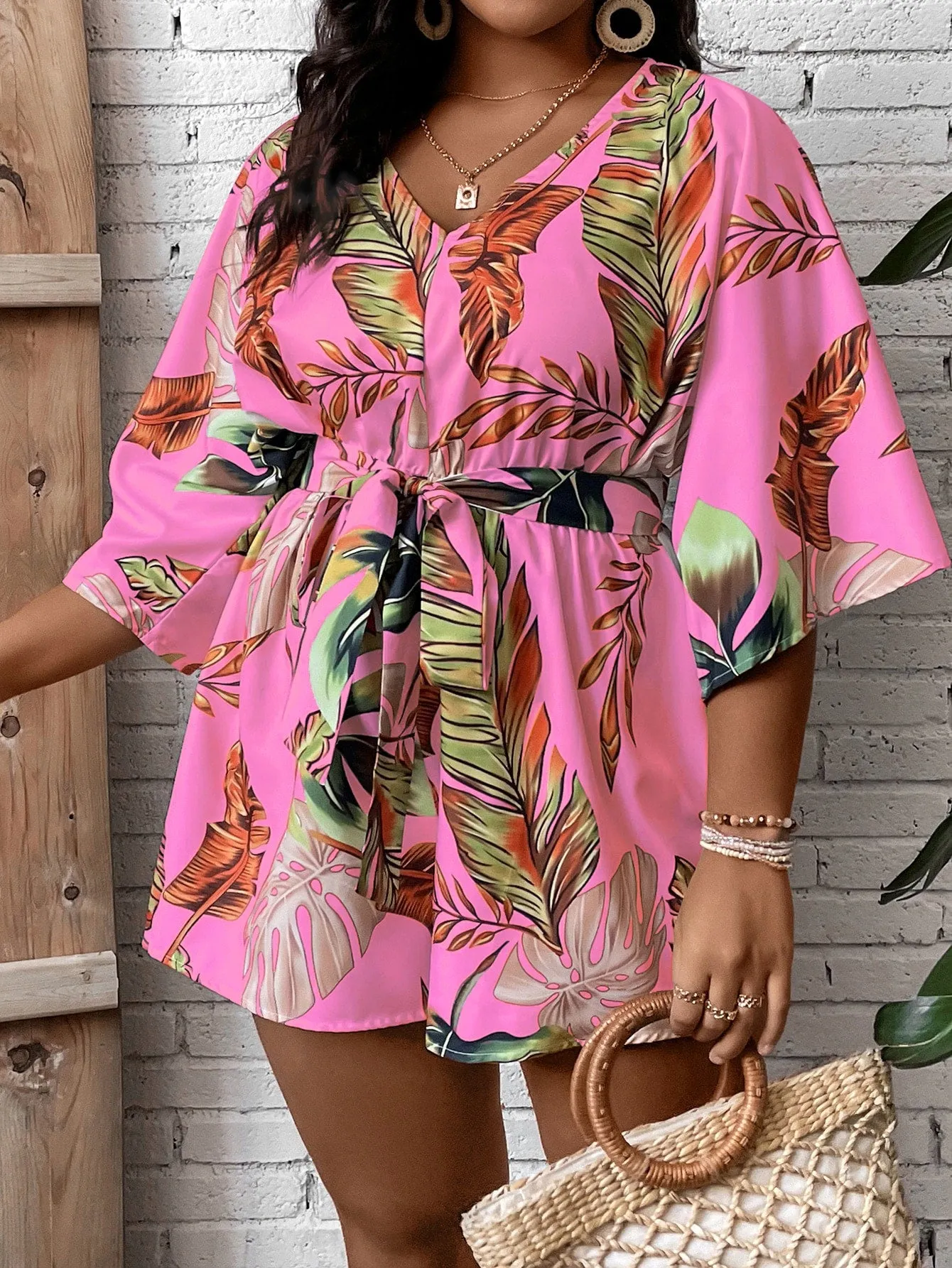 Plus Size Tropical Print Belted Romper